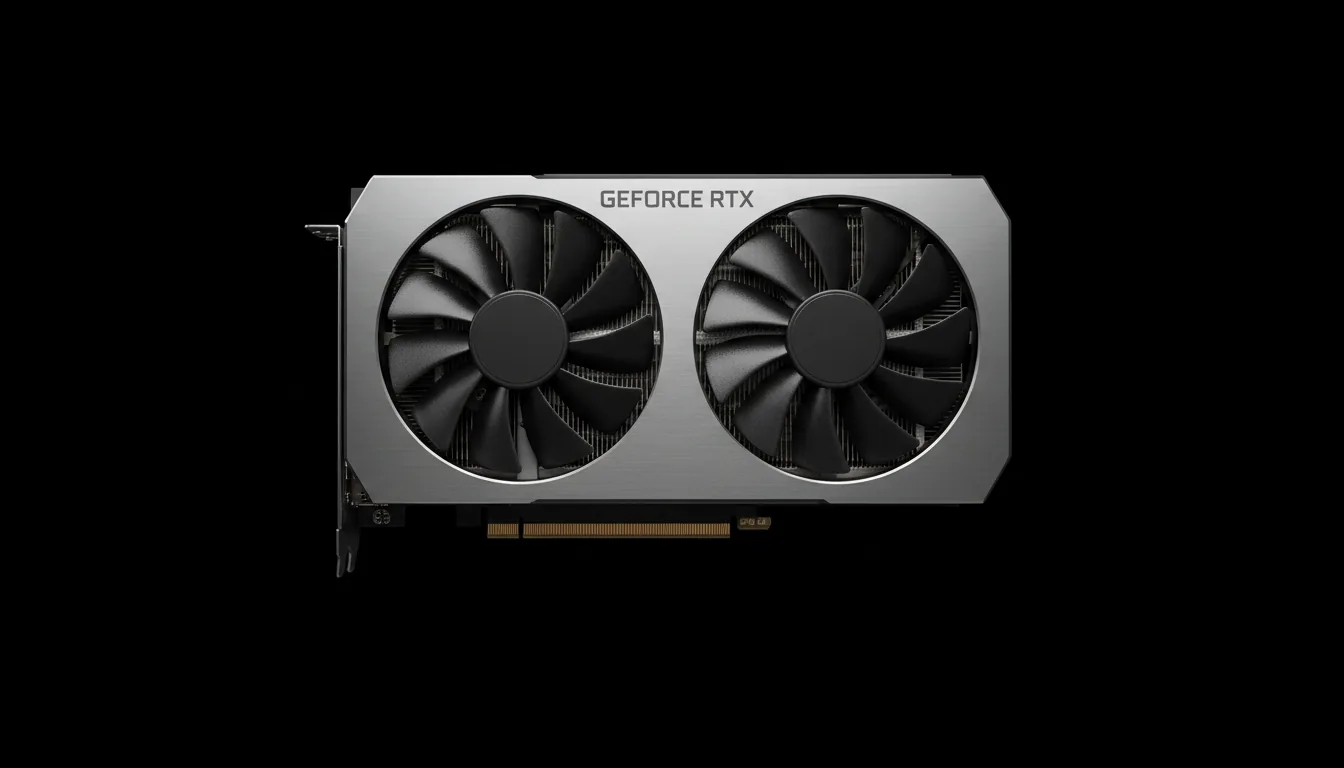DSLR product photography of a modern NVIDIA GeForce RTX Founders Edition GPU, centered horizontally. Soft studio lighting on a pure black background, creating clean highlights on the brushed aluminum and matte black surfaces. The entire graphics card is in sharp, crisp focus, showing the details of the dual fan blades and heatsink fins. The side of the card features minimalist brand lettering in a clean sans-serif font.
