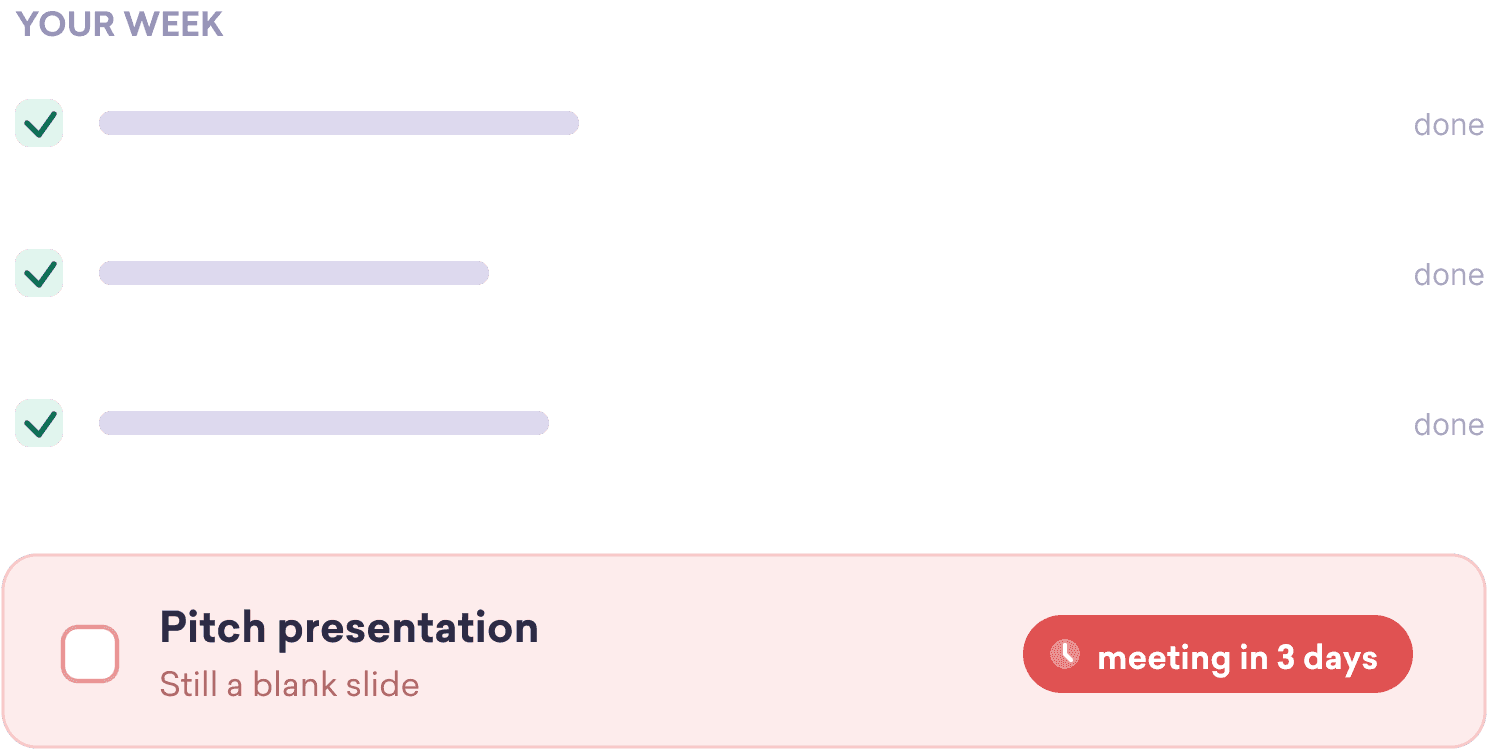 Task list showing a founder's week with a pitch presentation still on a blank slide and a meeting due in 3 days, illustrating why Decktopus AI helps founders.