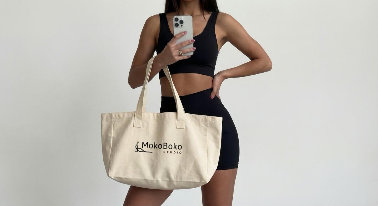 A woman in black athletic wear holding a large cream-colored canvas tote bag. The bag features the "MokoBoko Studio" logo, which includes a minimalist icon of a person in a yoga pose.