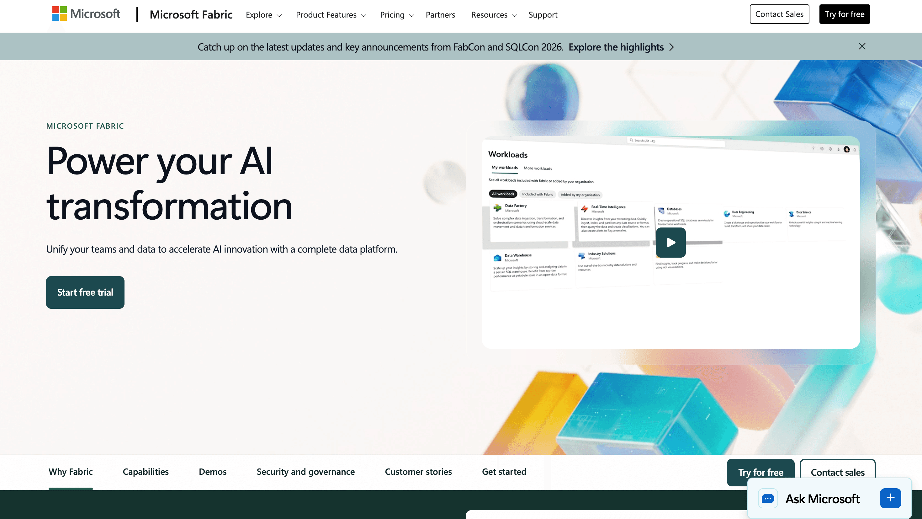 Microsoft Fabric unified data platform dashboard for AI analytics, data engineering, and business intelligence.