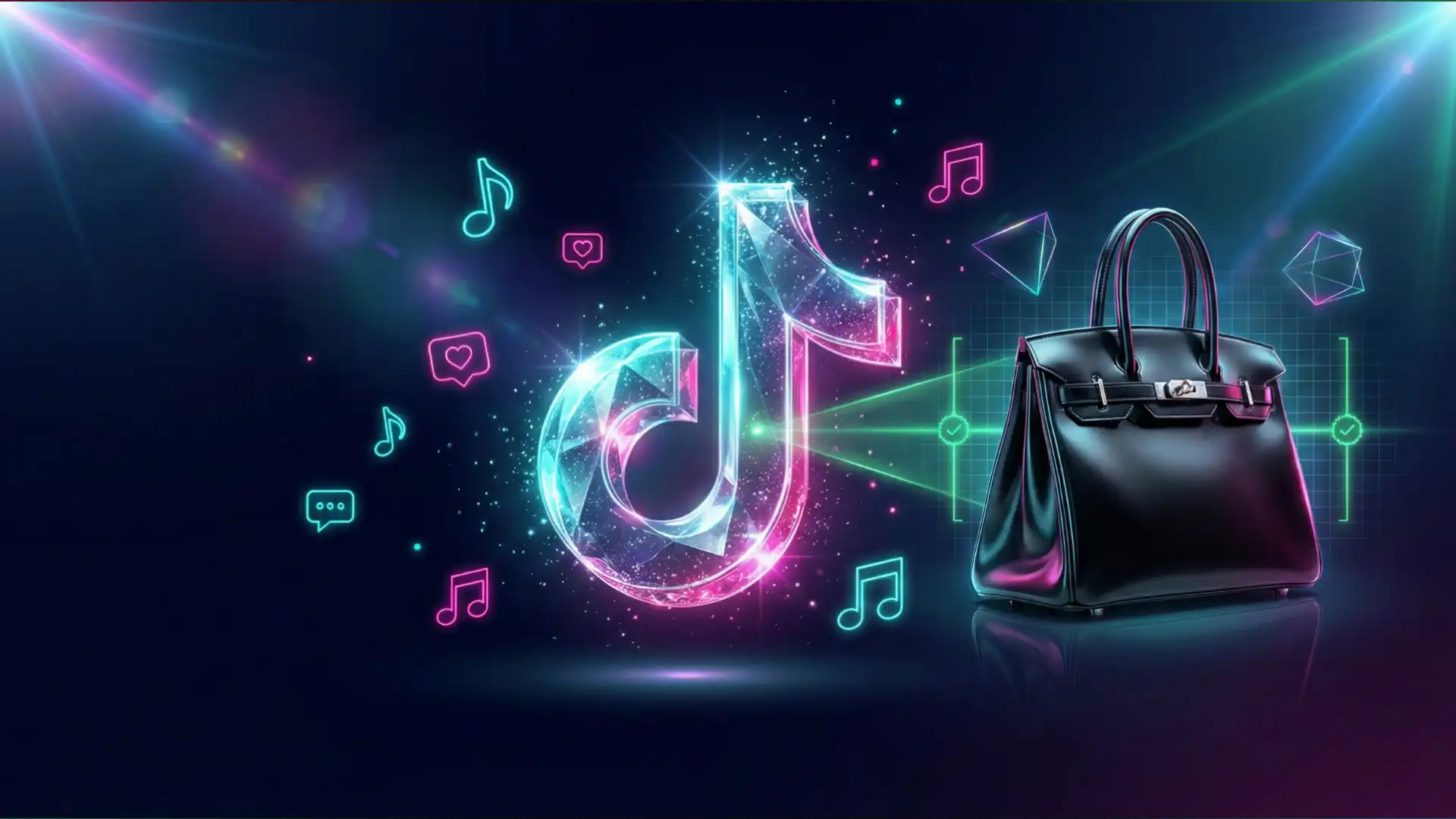 TikTok logo with glass effect next to luxury Birkin handbag surrounded by neon social media icons and AI verification elements