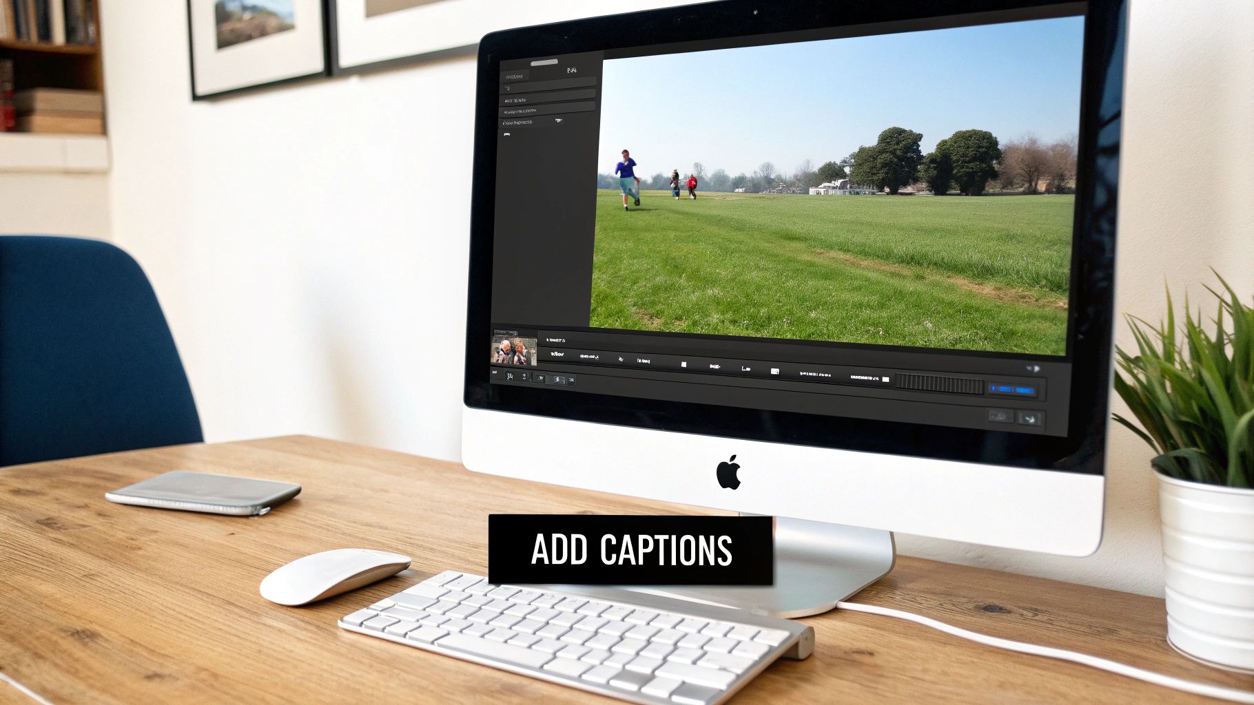 A person's hands on a Mac keyboard, with a video export progress bar visible on the screen.