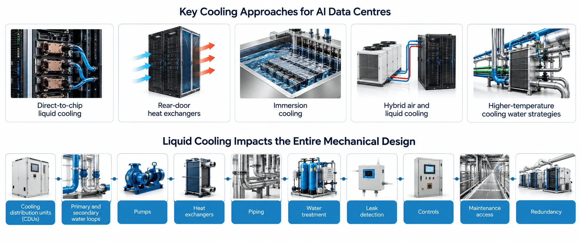 five AI data centre cooling approaches—direct-to-chip liquid cooling, rear-door heat exchangers, immersion cooling, hybrid air and liquid cooling, and higher-temperature cooling water strategies—alongside the mechanical systems affected by liquid cooling, including CDUs, water loops, pumps, heat exchangers, piping, water treatment, leak detection, controls, maintenance access, and redundancy. ChatGPT can make mistakes. Check important info.