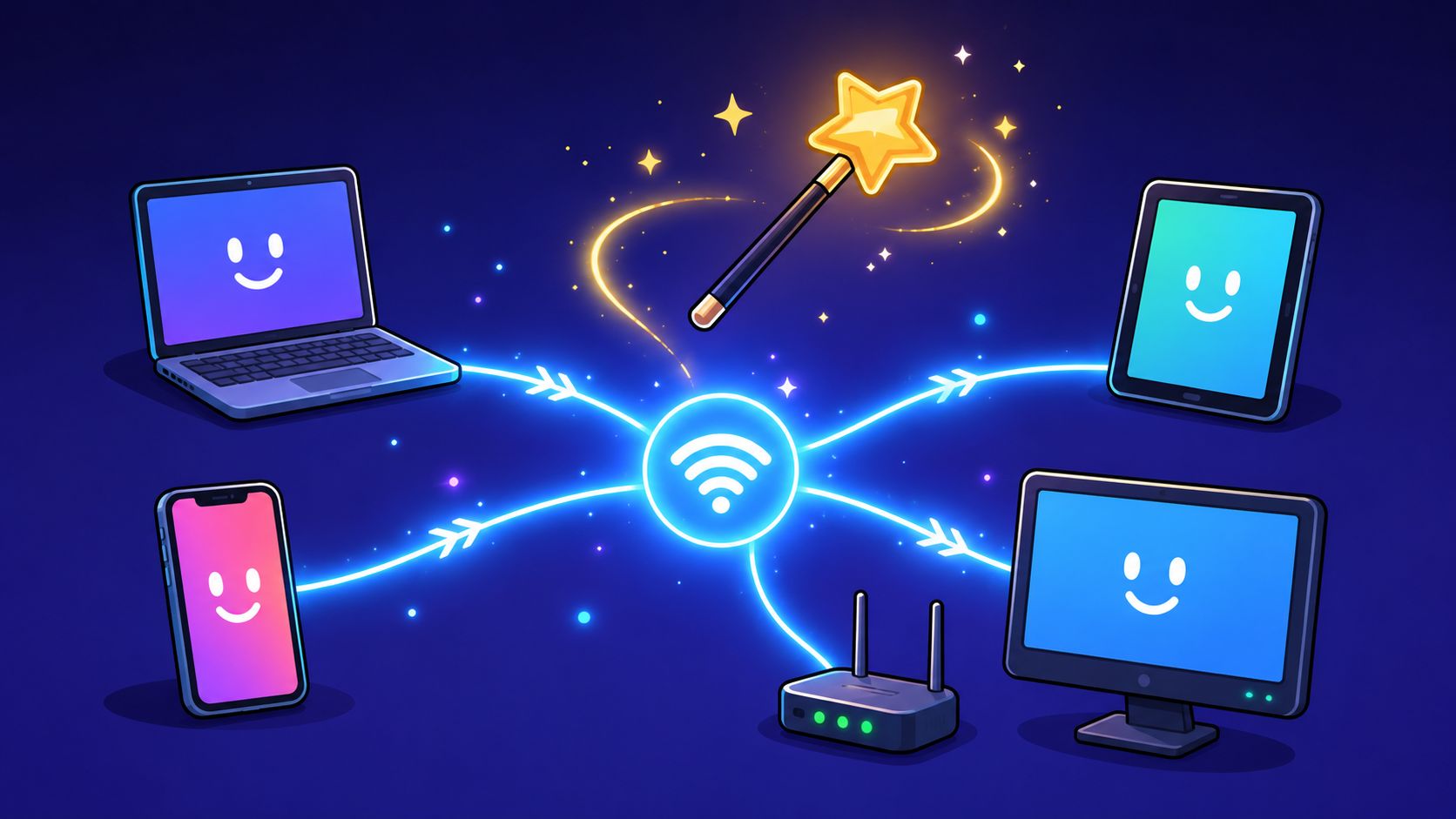 A digital illustration showing a central Wi-Fi symbol connecting various devices like a laptop, smartphone, tablet, and monitor.