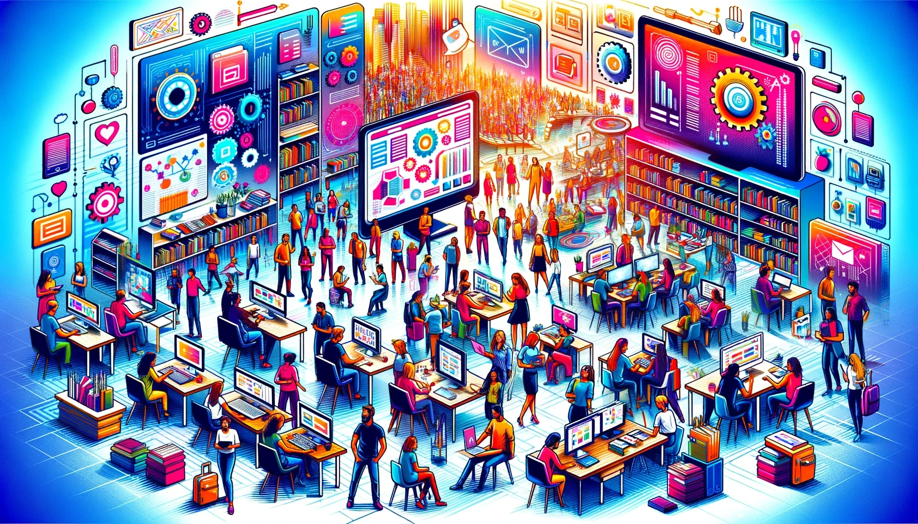 The image illustrates a vibrant and dynamic scene of a modern, technologically advanced learning or innovation space, likely a combination of a library, co-working space, and digital innovation hub. Key elements of the image include:  High-Tech Environment:  Large Screens and Displays: The space features numerous large digital screens displaying various graphics, data visualizations, and interactive interfaces. These screens are prominently placed around the room, indicating a high-tech and information-rich environment. Computers and Workstations: Many individuals are working on computers at various workstations, suggesting a focus on digital literacy, research, and innovation. Collaborative and Social Activities:  Groups of People: People are gathered in groups, discussing, collaborating, and working together on projects. The atmosphere is lively and interactive. Diverse Activities: The space accommodates a wide range of activities, from individual work at computer stations to group discussions and presentations. Educational and Research Resources:  Bookshelves and Resources: Large bookshelves filled with books line the walls, indicating the presence of traditional educational resources alongside digital tools. Reading and Study Areas: There are designated areas for reading and studying, emphasizing a blend of quiet study spaces and collaborative work zones. Innovation and Creativity:  Creative Displays: The digital screens show creative and colorful graphics, including gears, data charts, and infographics, symbolizing innovation and technological creativity. Project-Based Learning: People appear to be engaged in project-based activities, using both digital and physical resources to create, learn, and innovate. Modern and Futuristic Design:  Bright Colors and Lighting: The space is brightly lit with a vibrant color scheme, creating an energetic and inspiring atmosphere. Open Layout: The open layout of the space encourages movement and interaction, fostering a community feel. Diverse Community:  Variety of Participants: The individuals in the image represent a diverse group, including students, professionals, and researchers of different ages and backgrounds. Interactive Environment: The environment is designed to be interactive and inclusive, supporting a wide range of activities and learning styles. Digital and Physical Integration:  Tech Integration: The integration of digital screens with physical books and resources highlights a seamless blend of traditional and modern educational tools. Accessibility: The space is designed to be accessible, with clear pathways and organized workstations, ensuring that resources are easy to access for everyone. Overall, the image portrays a forward-thinking, vibrant, and inclusive space dedicated to learning, innovation, and collaboration, leveraging both digital and traditional resources to foster creativity and knowledge sharing.