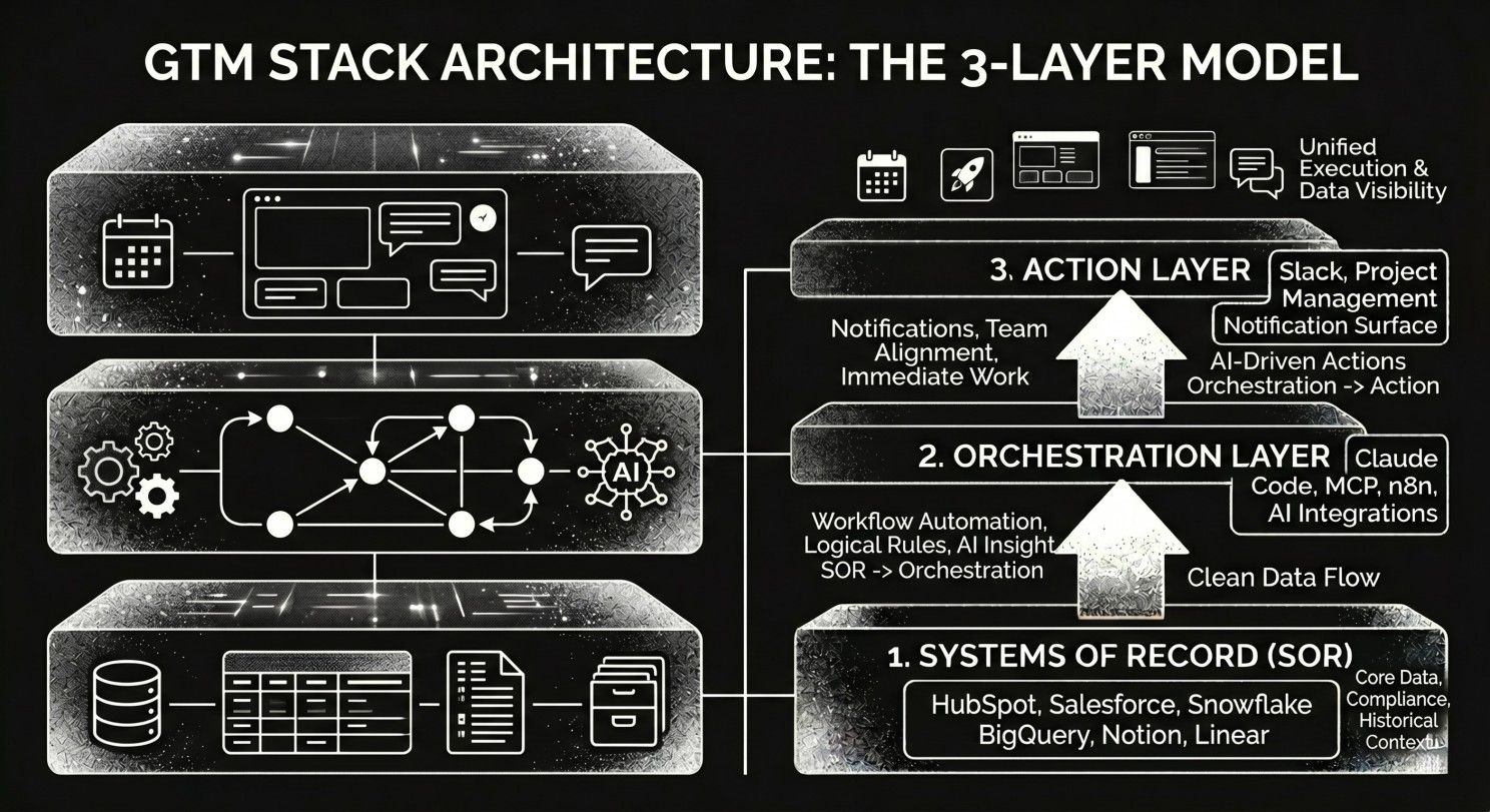 Three-layer GTM stack architecture: systems of record, AI orchestration, and action layer.