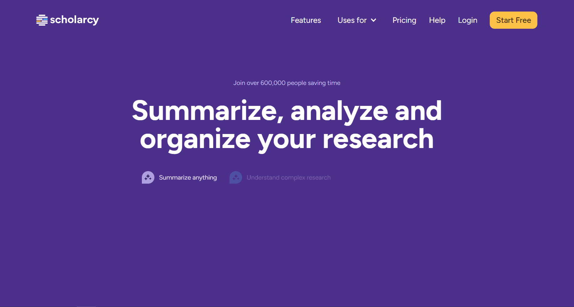 Homepage screenshot of Scholarcy with the headline “Summarize, analyze and organize your research” on a purple background.