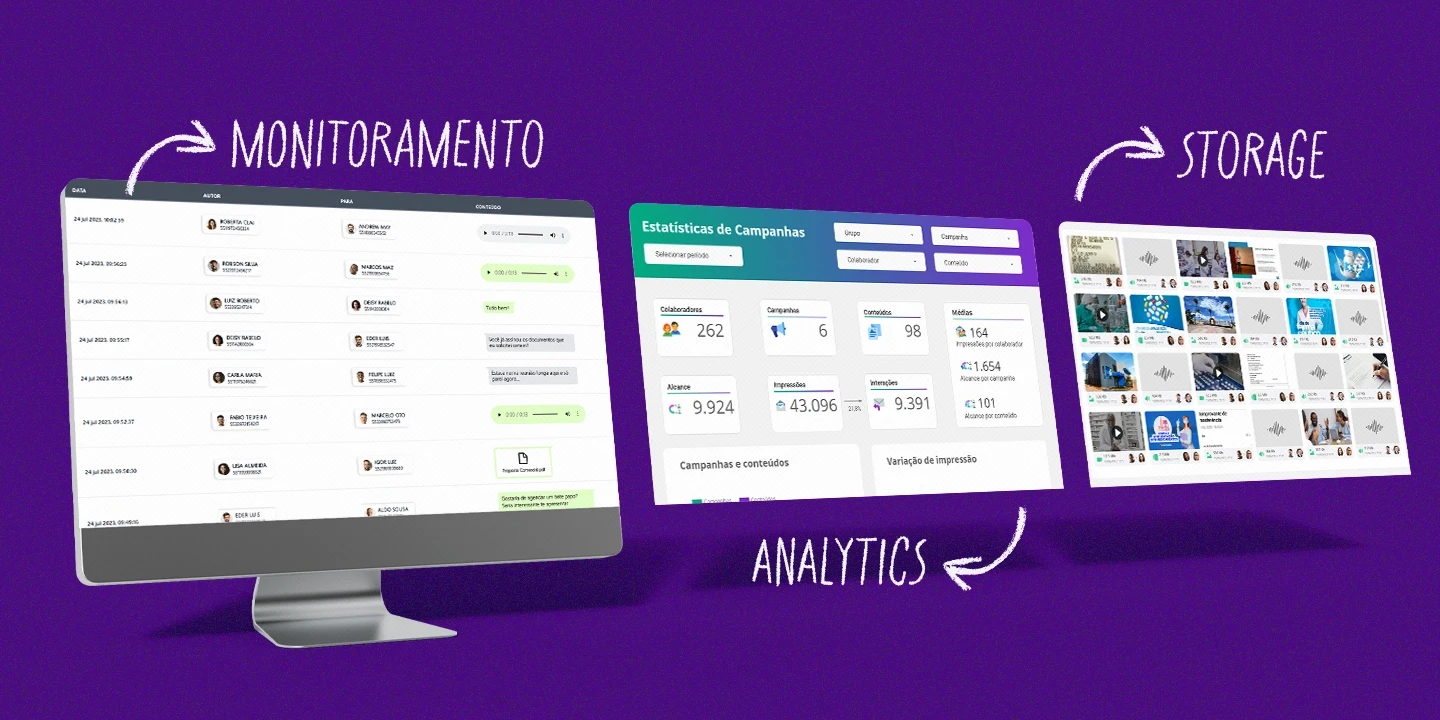 Telas com as soluções de monitoramento,  analytics e storage da ferramenta Zapper