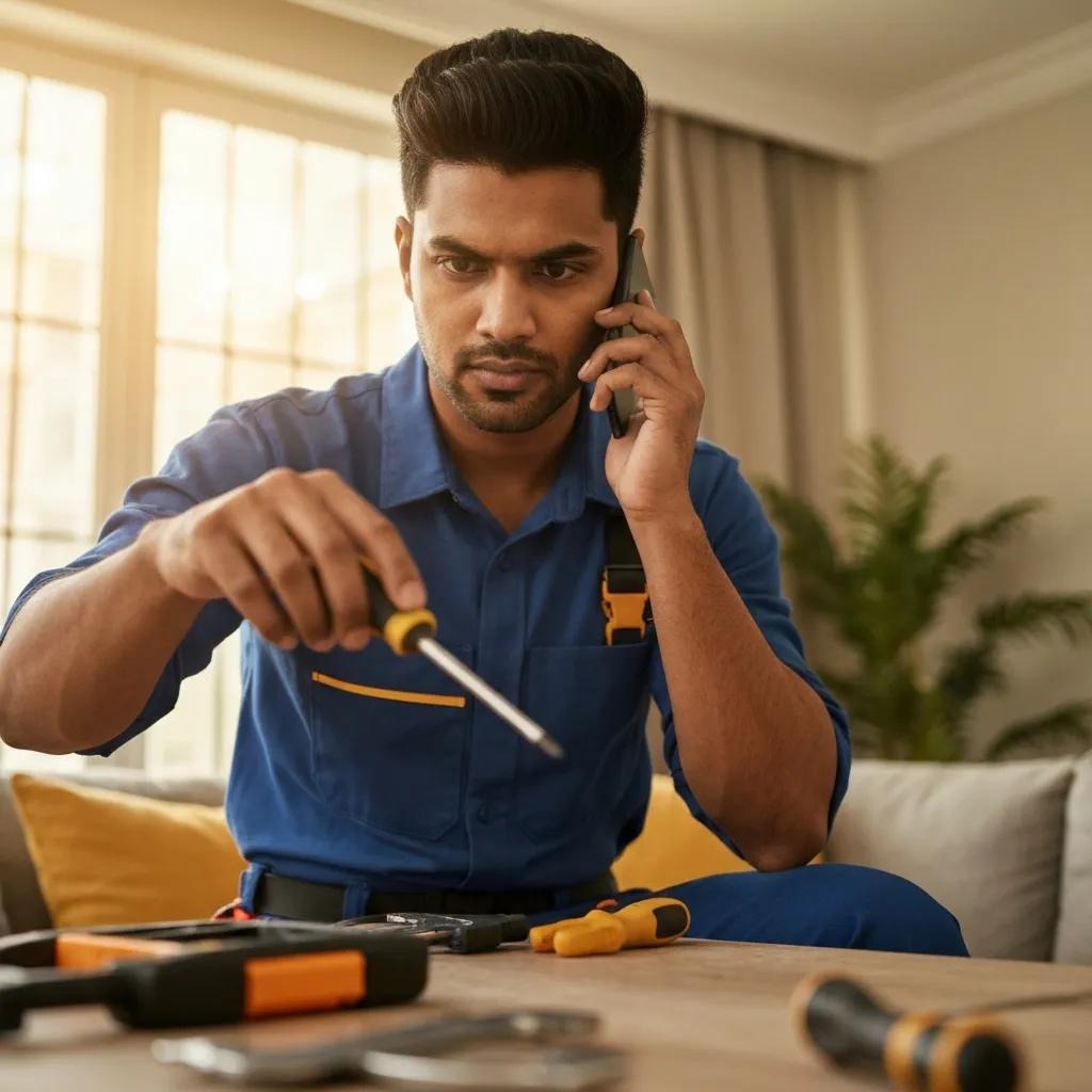 Field technician receiving a routed call during a home service visit