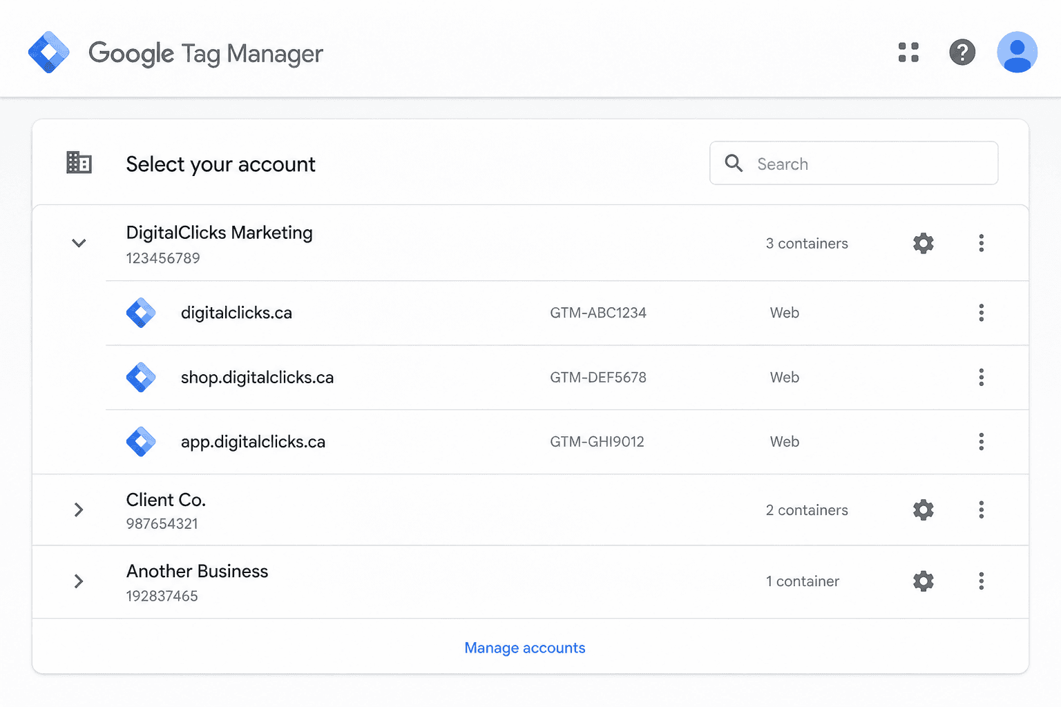 Google Tag Manager account selection screen showing available Tag Manager accounts.