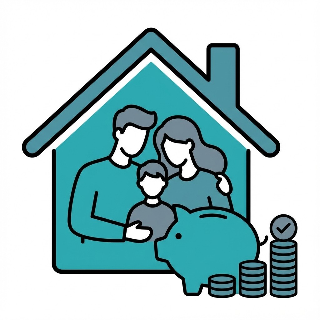 Grafik einer Familie im Hausumriss neben Sparschwein und Münzen; Symbol für das Sparen aufs Eigenheim.