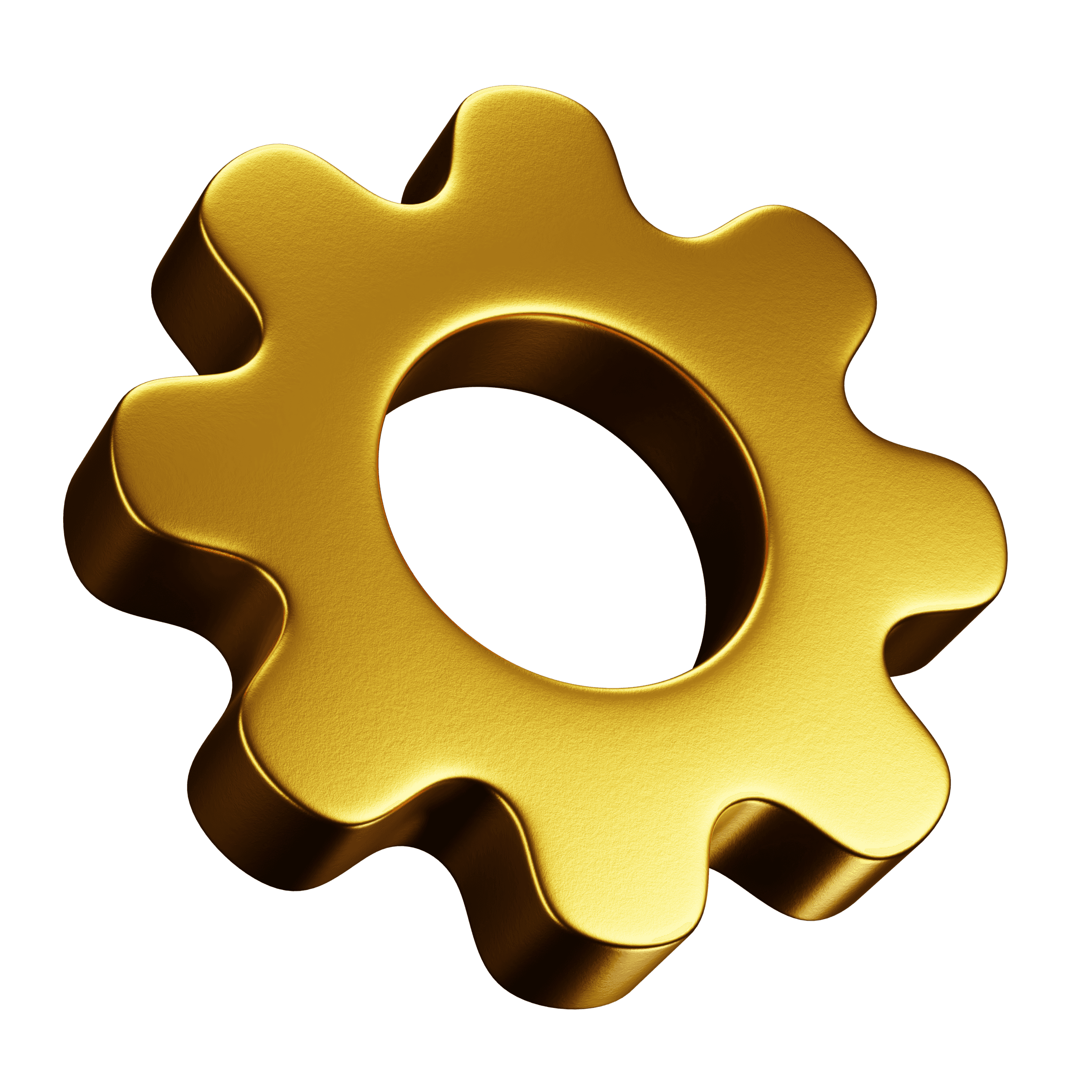 3D gold gear icon, symbolizing Portray Digital Agency's efficient and tailored web development solutions, on a dark background