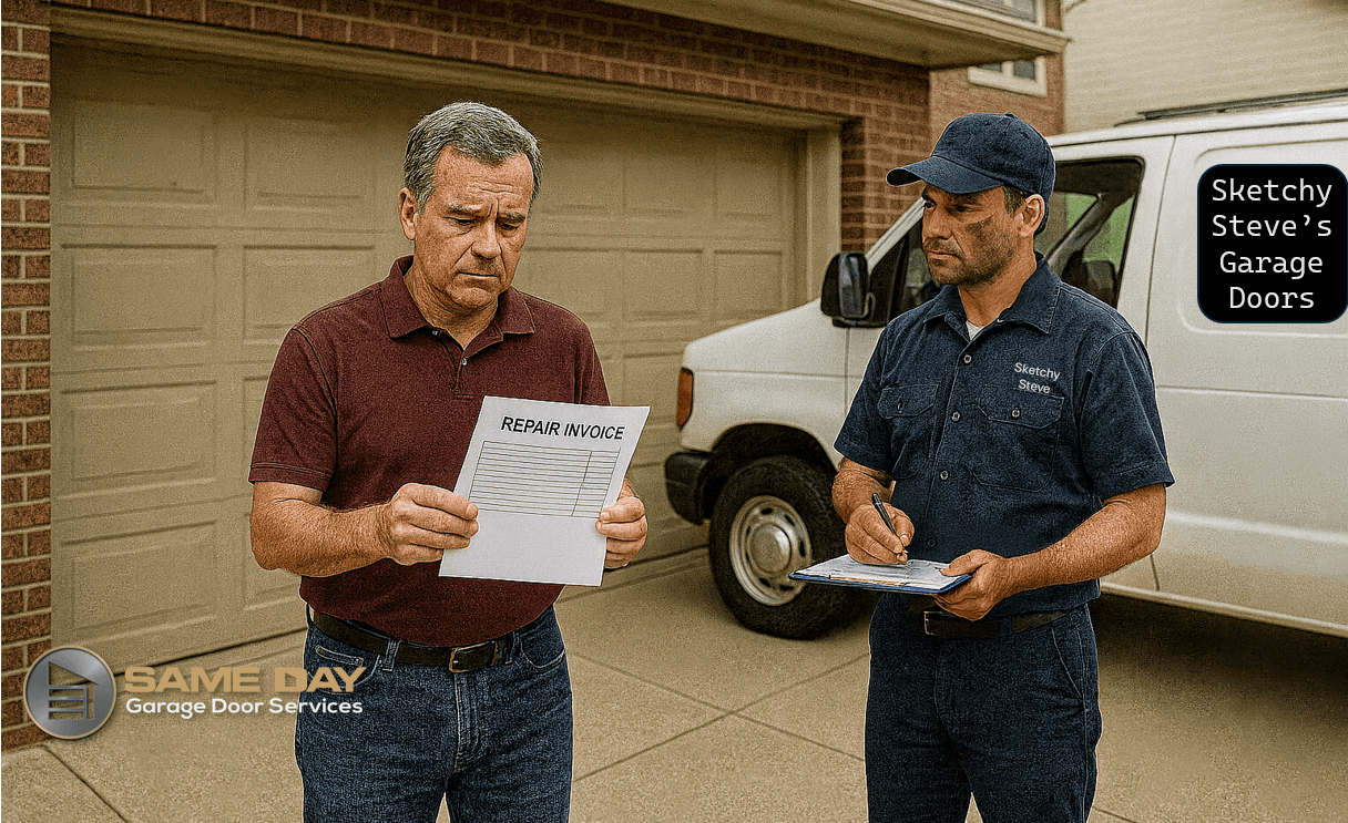 Garage door repair scam, man with fake company