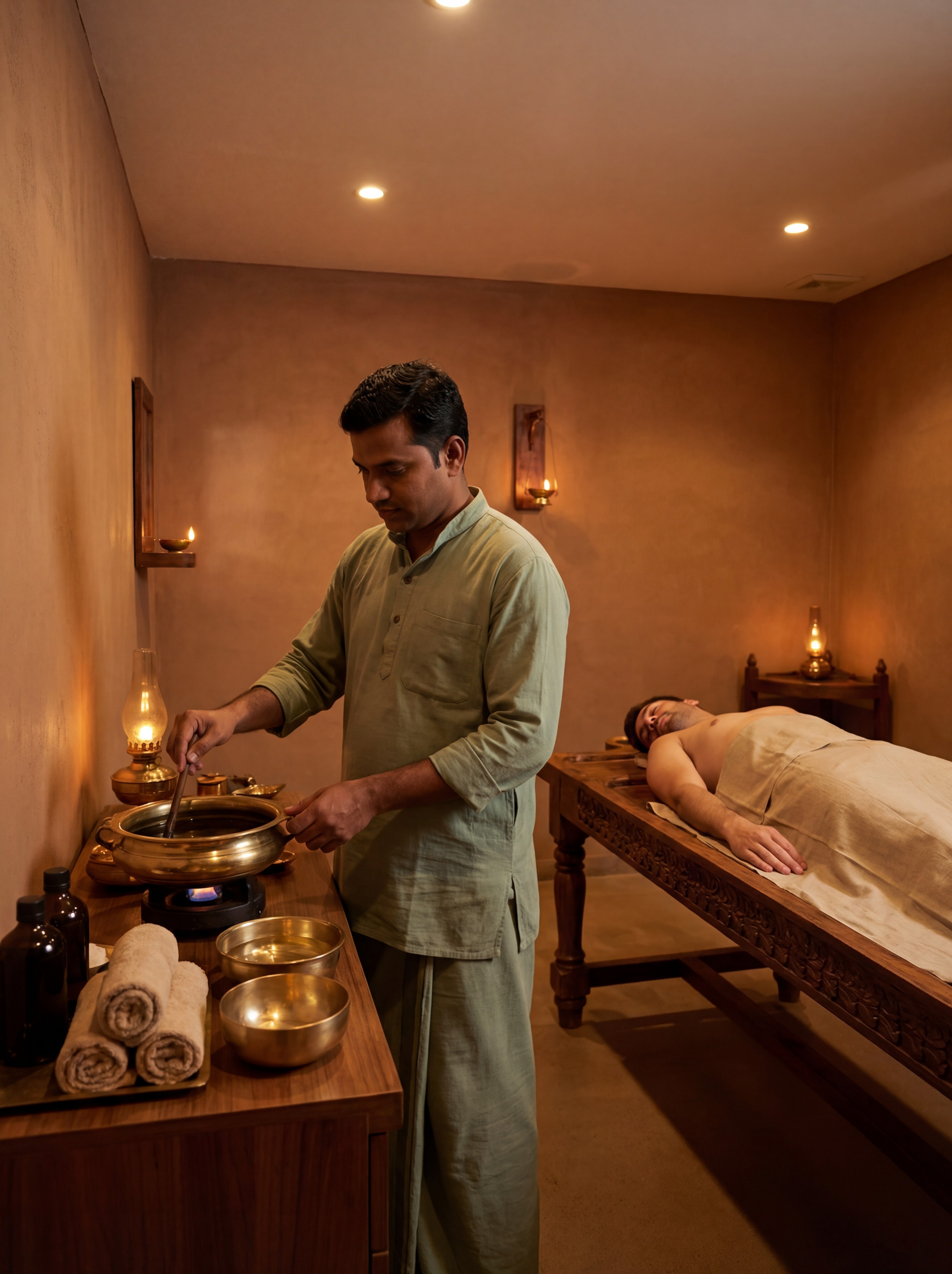 A fully enclosed indoor Ayurvedic therapy room. A male Indian Ayurvedic practitioner wearing muted green cotton attire is calmly preparing a Vasti treatment for a male patient. The male patient lies comfortably on a traditional Indian wooden pathi, partially draped with linen, positioned on his side in a relaxed posture. The practitioner is seen preparing medicated oil or herbal decoction in a traditional Vasti vessel nearby — no administration shown. Brass containers, herbal liquids, and towels are neatly arranged. Soft, warm ambient indoor lighting, no windows, no natural light. Atmosphere of professionalism, safety, and detox supervision. Realistic, documentary-style classical Ayurvedic photography.