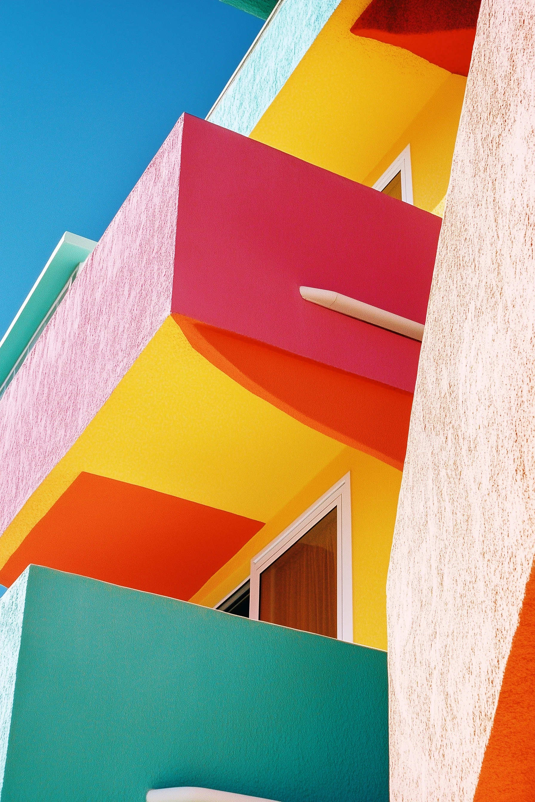 A low-angle view of pink, yellow and turquoise balconies in strong sunlight.