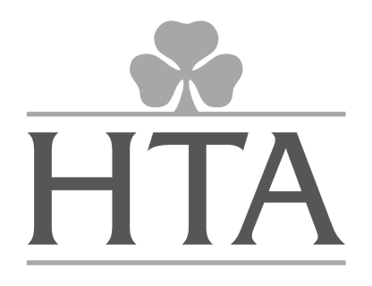 Logo featuring the letters "HTA" with a clover symbol above it, presented in a simple and modern style.