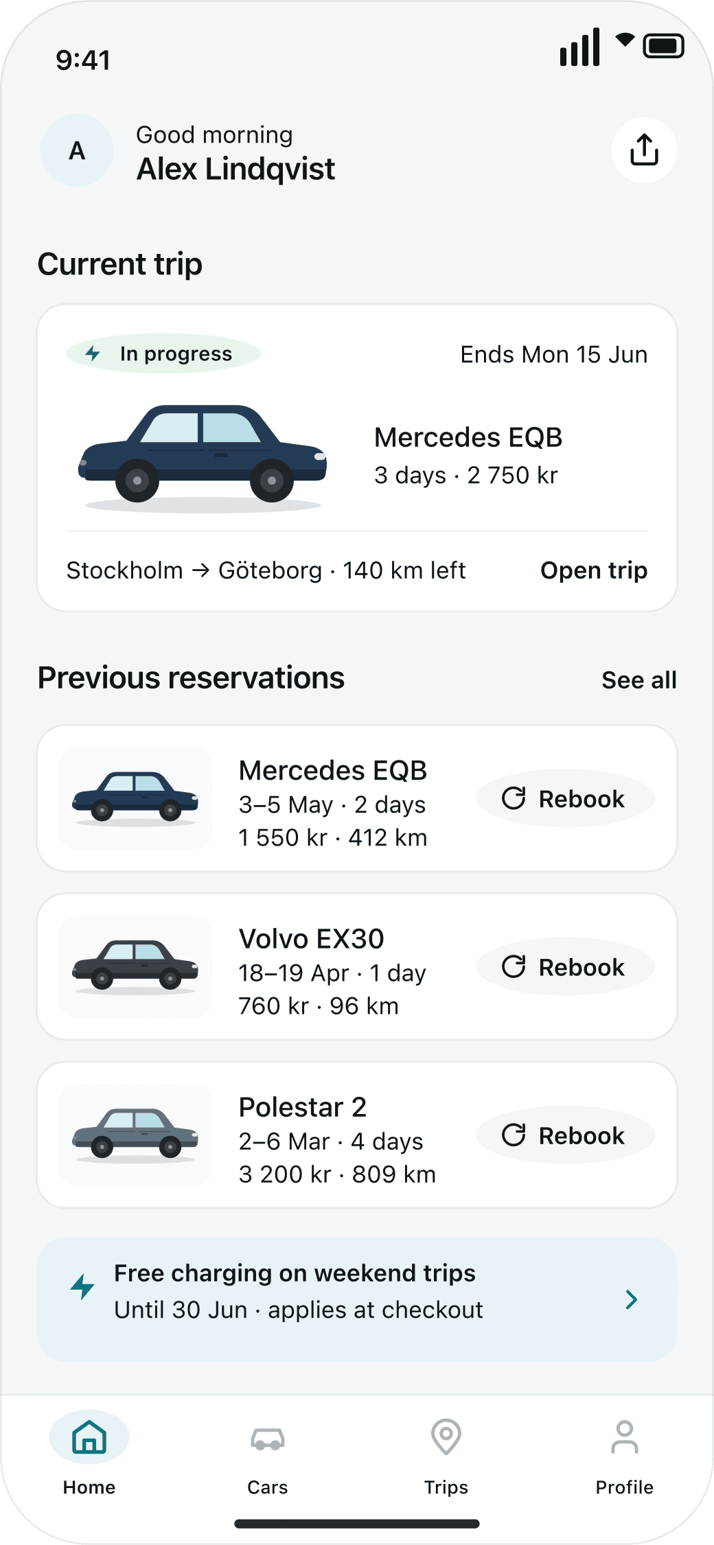 Home with the current trip and reservations