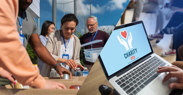 person using laptop computer holding card