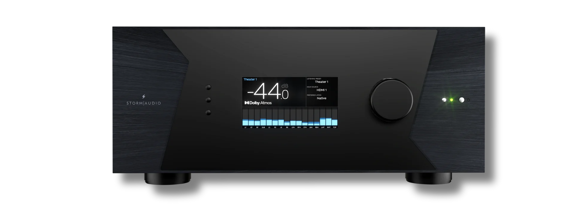 StormAudio receiver with Dolby Atmos display and EQ bars