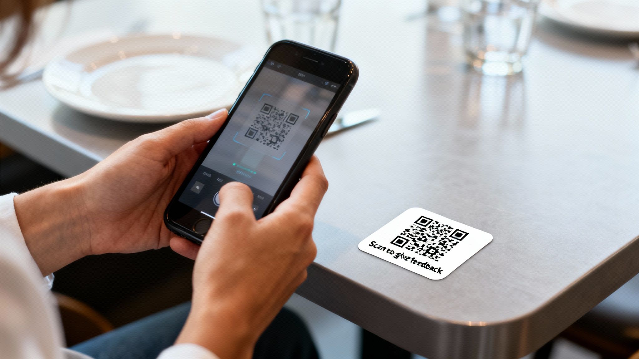 A person uses their smartphone to scan a QR code on a table for feedback.