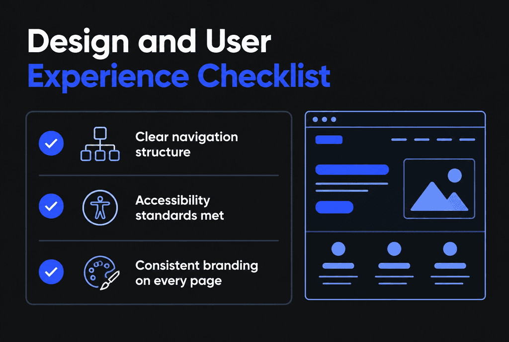 Infographic of the design and user experience launch checks: responsive layouts, navigation, readability, buttons and browser testing