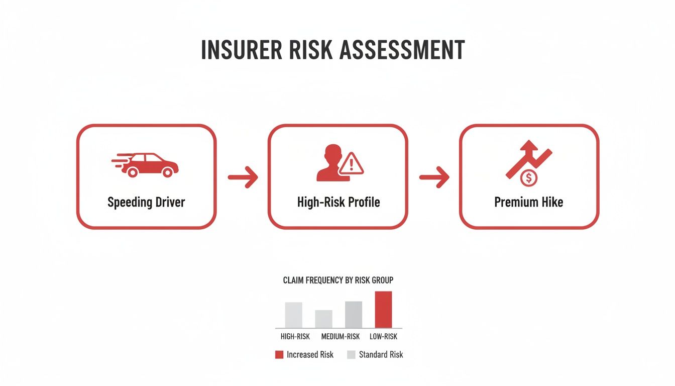 Flowchart showing a speeding driver leads to a high-risk profile and an insurance premium increase.