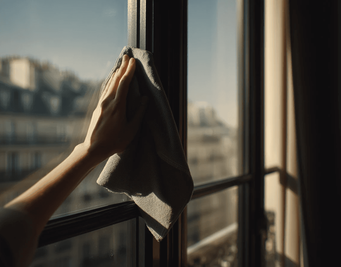 SilentAngels® Manager reinigt ein Fenster im Sonnenlicht – SilentAngels® Fensterreinigung für streifenfreie Klarheit und gepflegte Wohnräume.