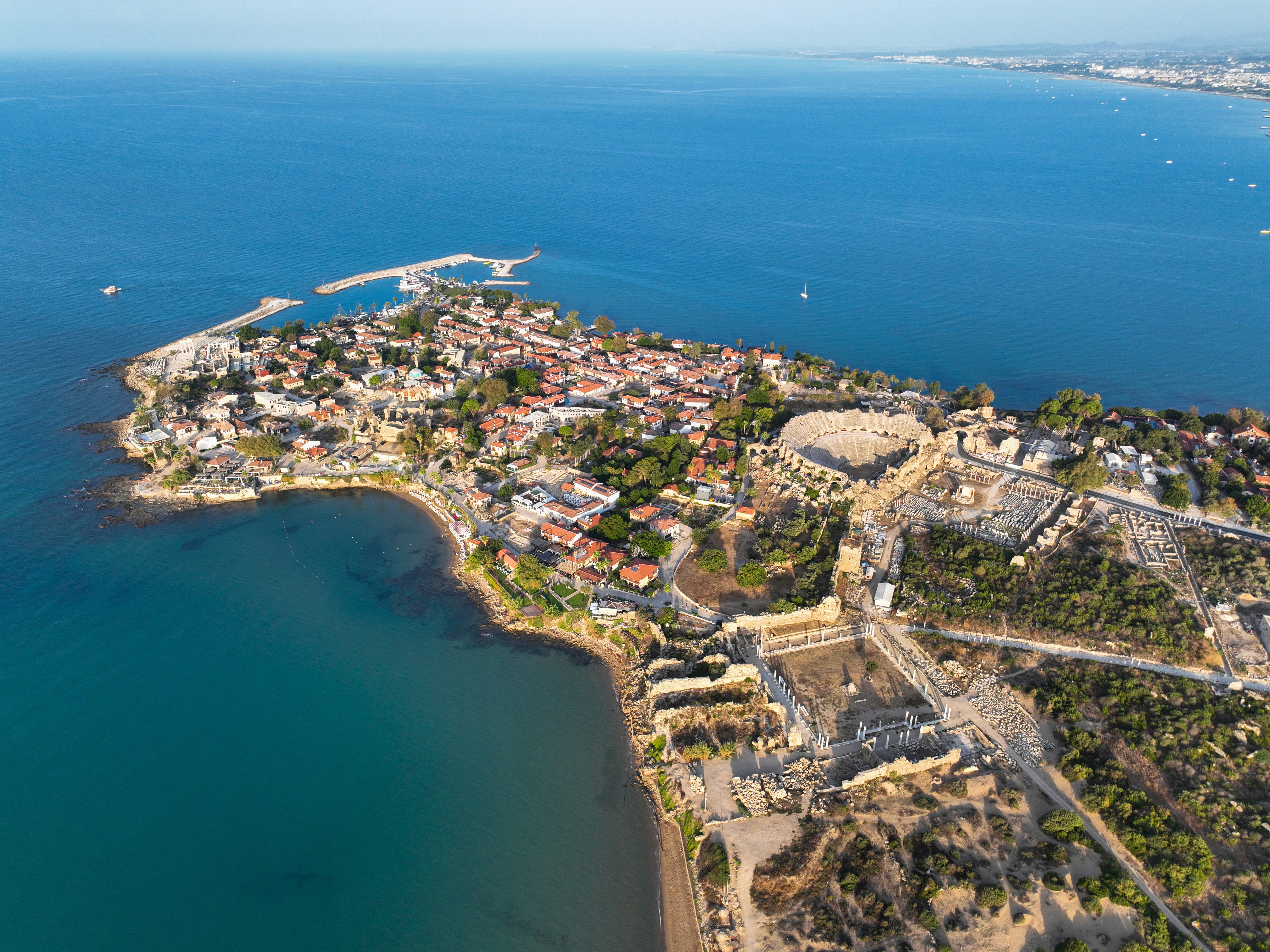 Aerial view of Side Ancient City and coastline in Antalya Turkey