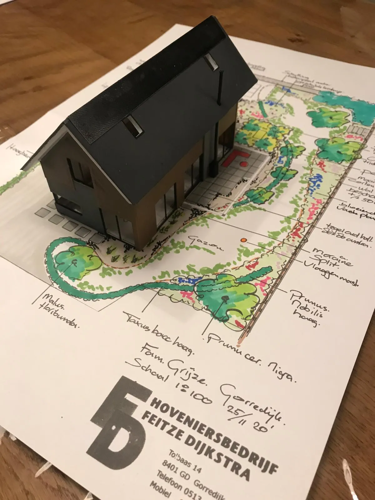 Papieren tuinontwerp met 3D huismodel en ingekleurde borders op tafel, voorbeeld van tuinontwerp en advies in Gorredijk