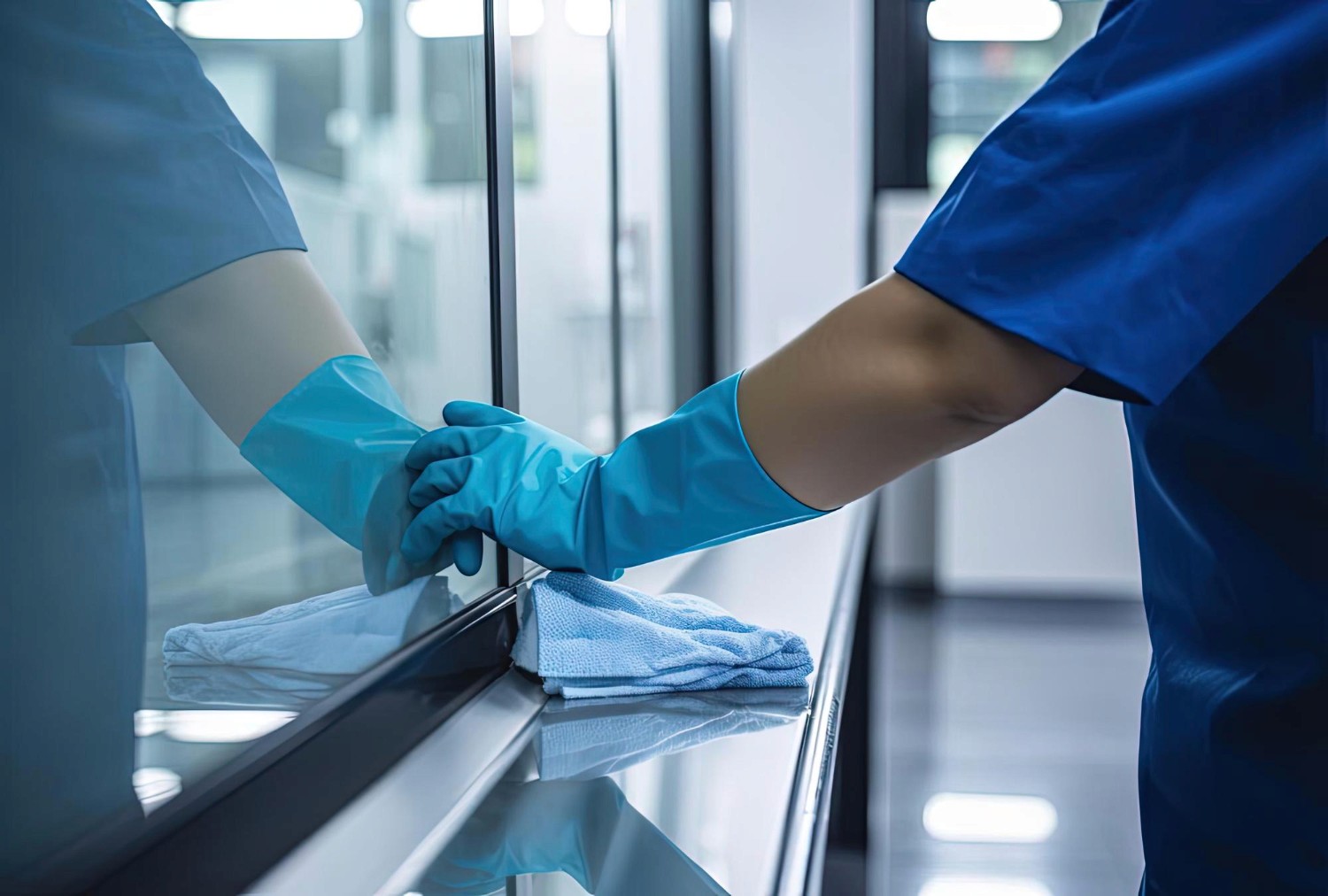 person in blue gloves and blue denim jeans