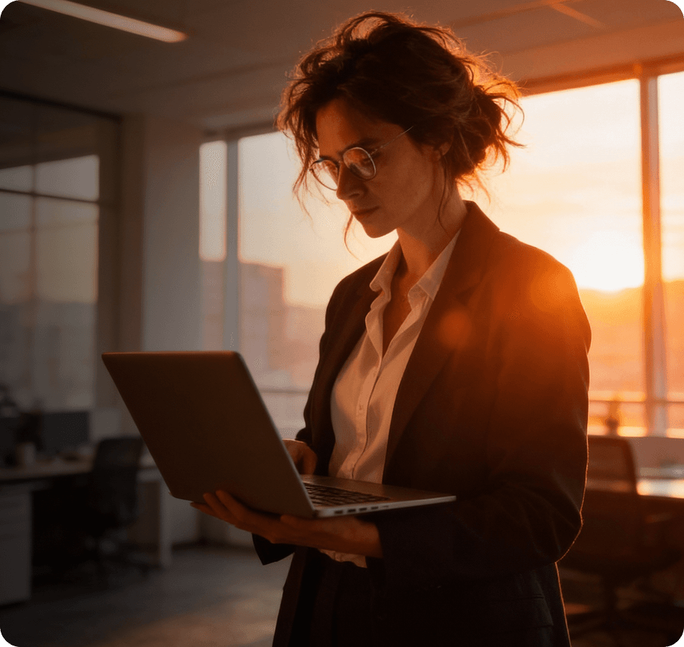 Femme debout, utilisant son ordinateur