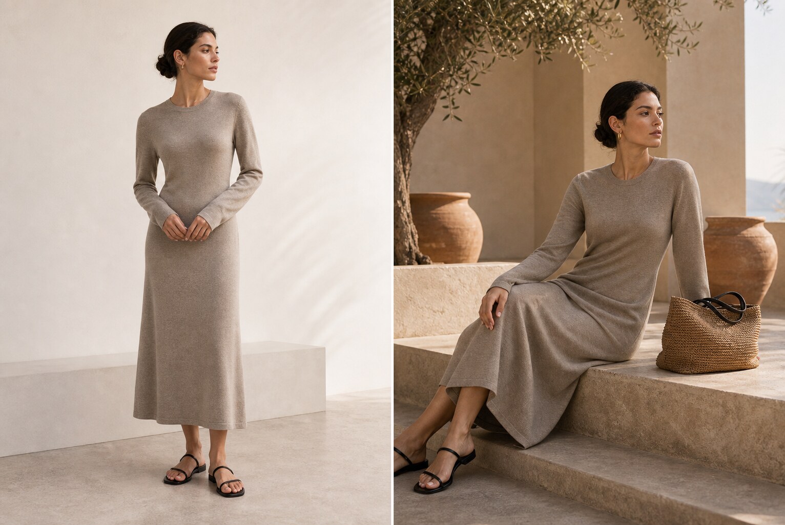 Taupe merino knit dress shown in premium ecommerce and resort campaign variations.