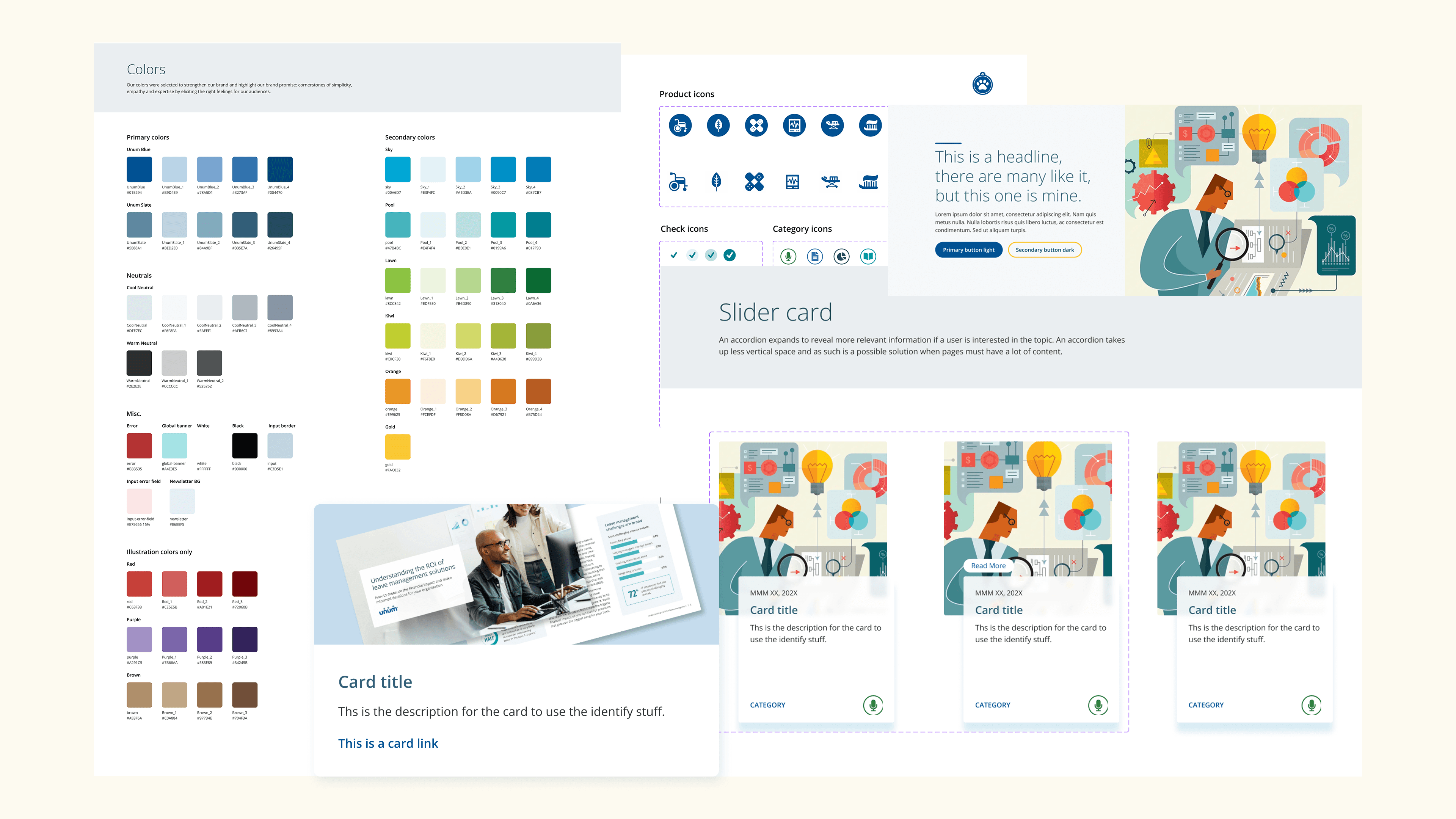 Unum design system hero composite — color tokens, components, and card patterns