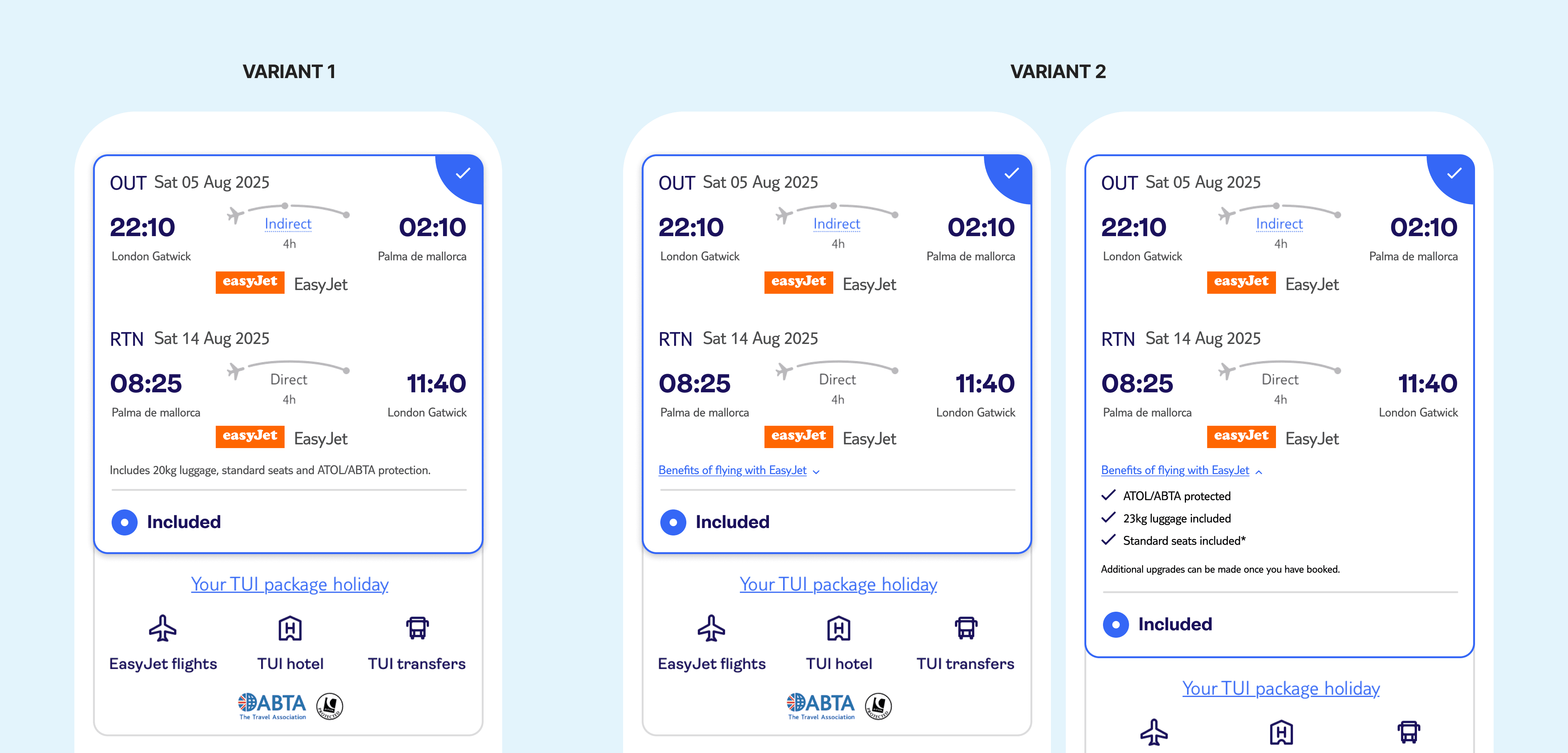 Multiple mobile screens showing 2 different variants of luggage, seating options & 3rd party benefits within the flight cards.