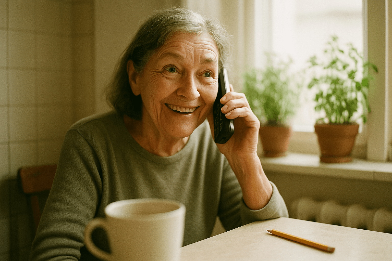An older woman smiles warmly while talking on a phone at her sunlit kitchen table, potted herbs on the windowsill behind her.