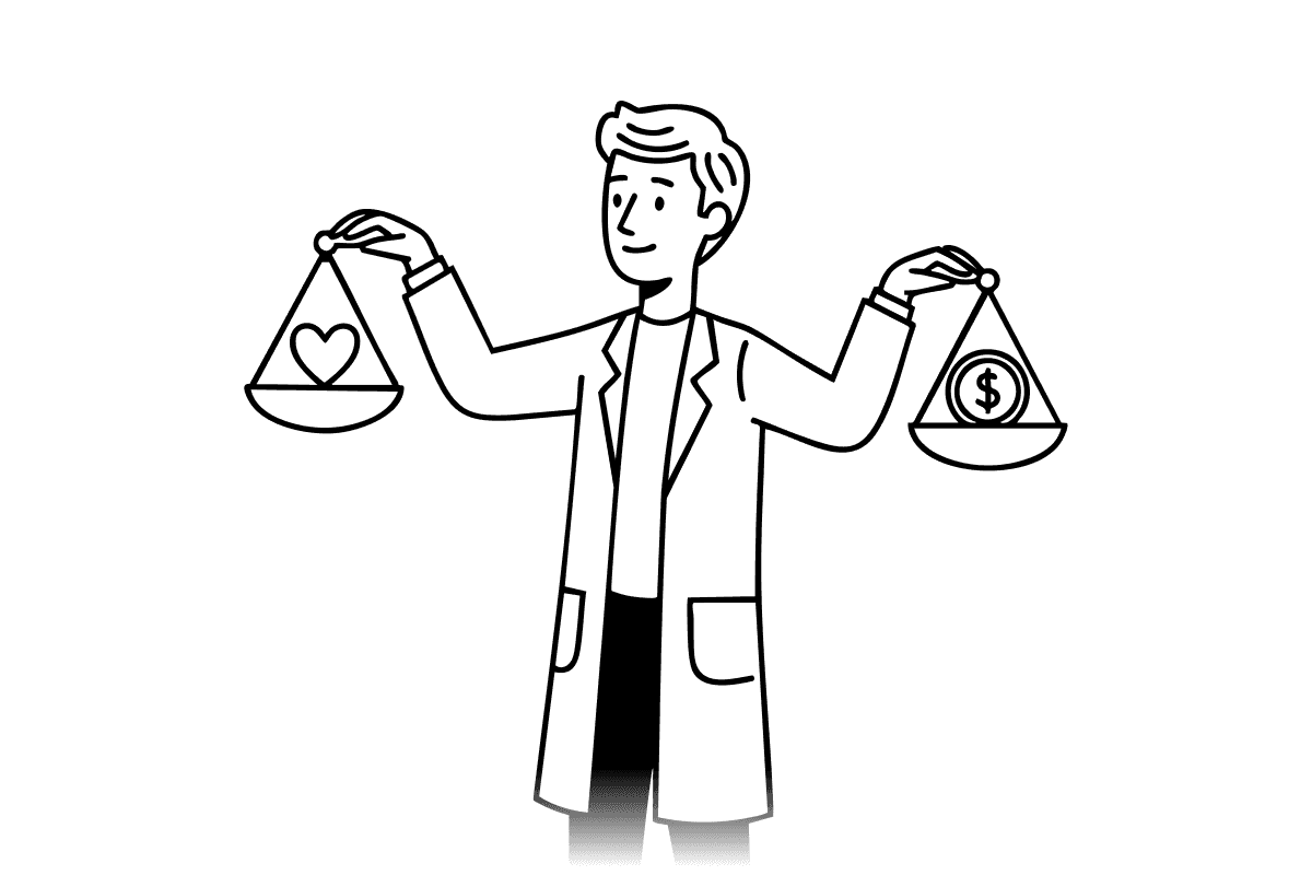 Illustration of a healthcare professional holding scales with care on one side and money on the other, symbolizing Synapti Health’s value based care training created by practicing clinicians who understand real care delivery.