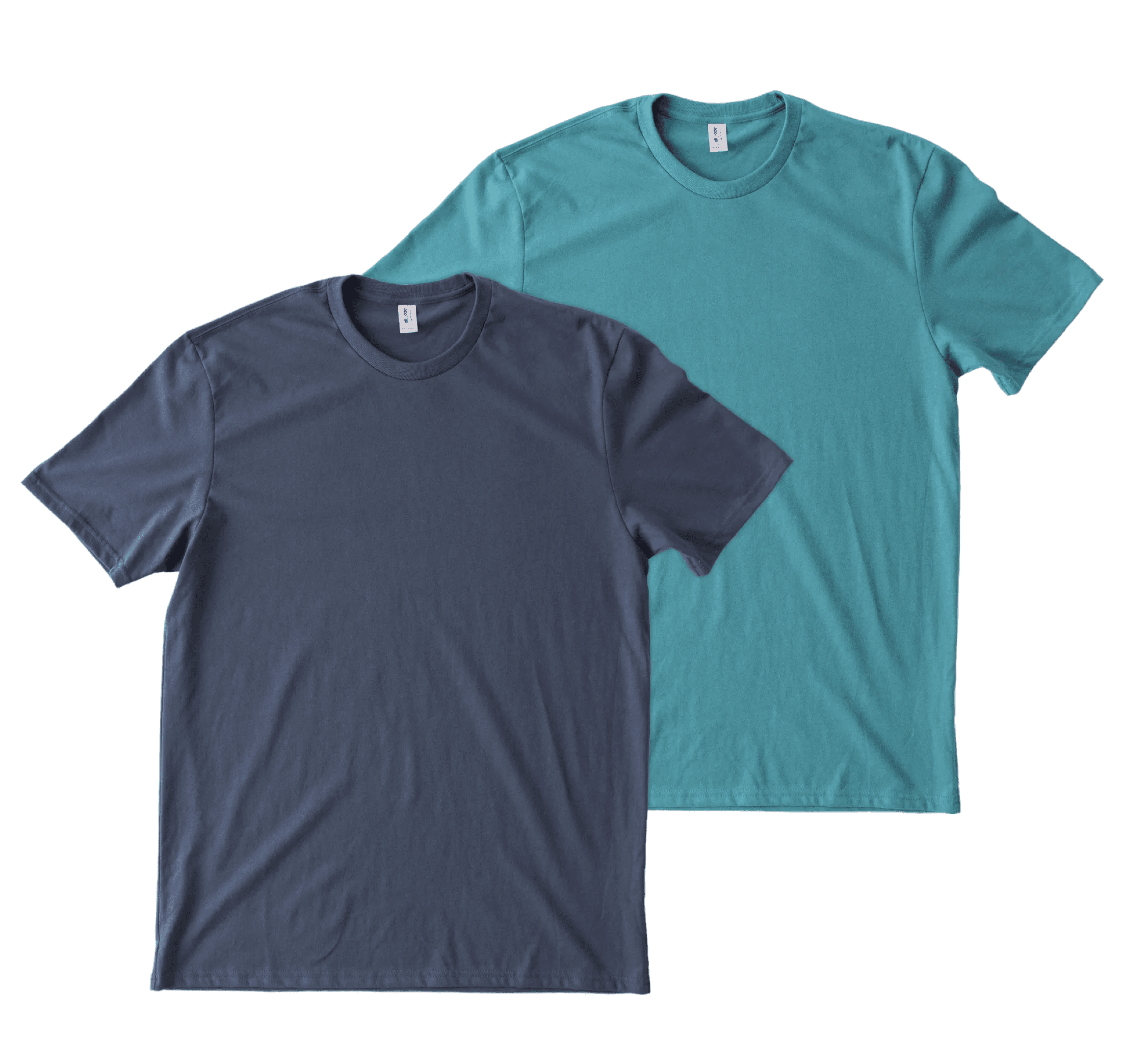 Two plain T-shirts, one in light pink and the other in dark blue, are layered flat on a surface, showcasing their simple round-neck design and soft, casual fabric.