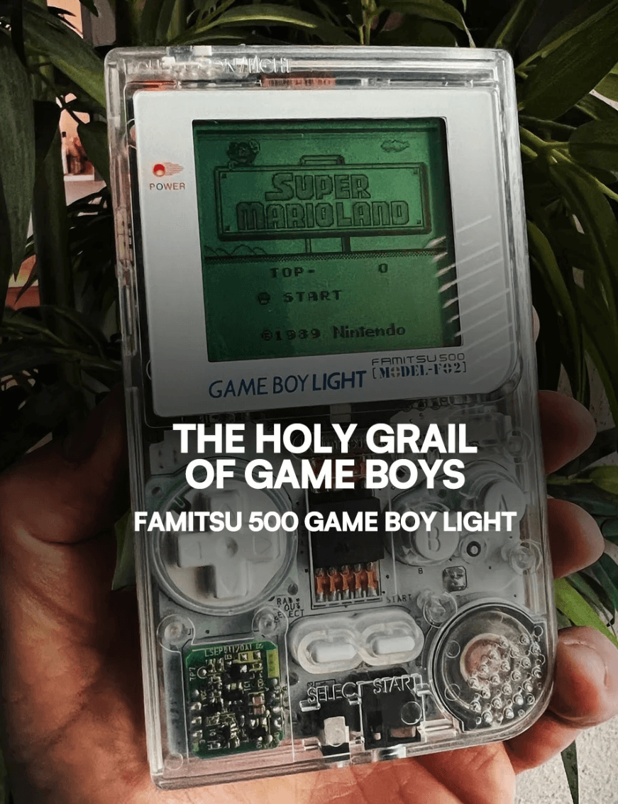 EXP.Pack social post featuring a modded Game Boy Light with headline text about ‘The Holy Grail of Game Boys.