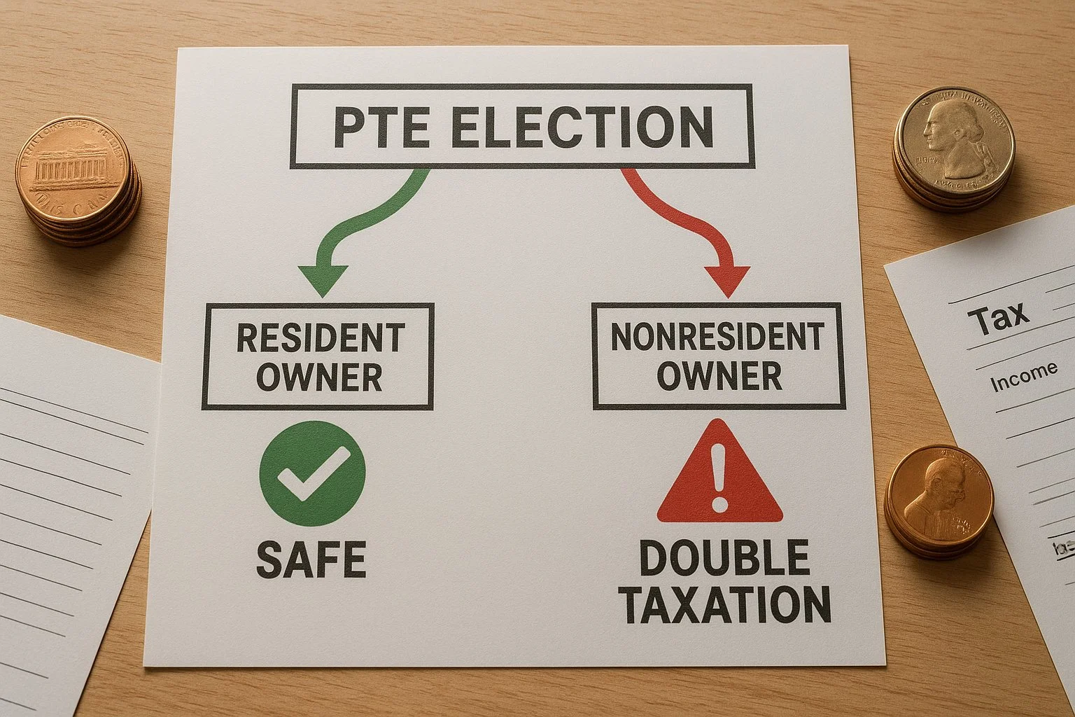 Conceptual flowchart on a desk showing two paths from a PTE election: a green “safe” path for resident owners and a red “double taxation” warning for nonresident owners, with coins and tax forms nearby.