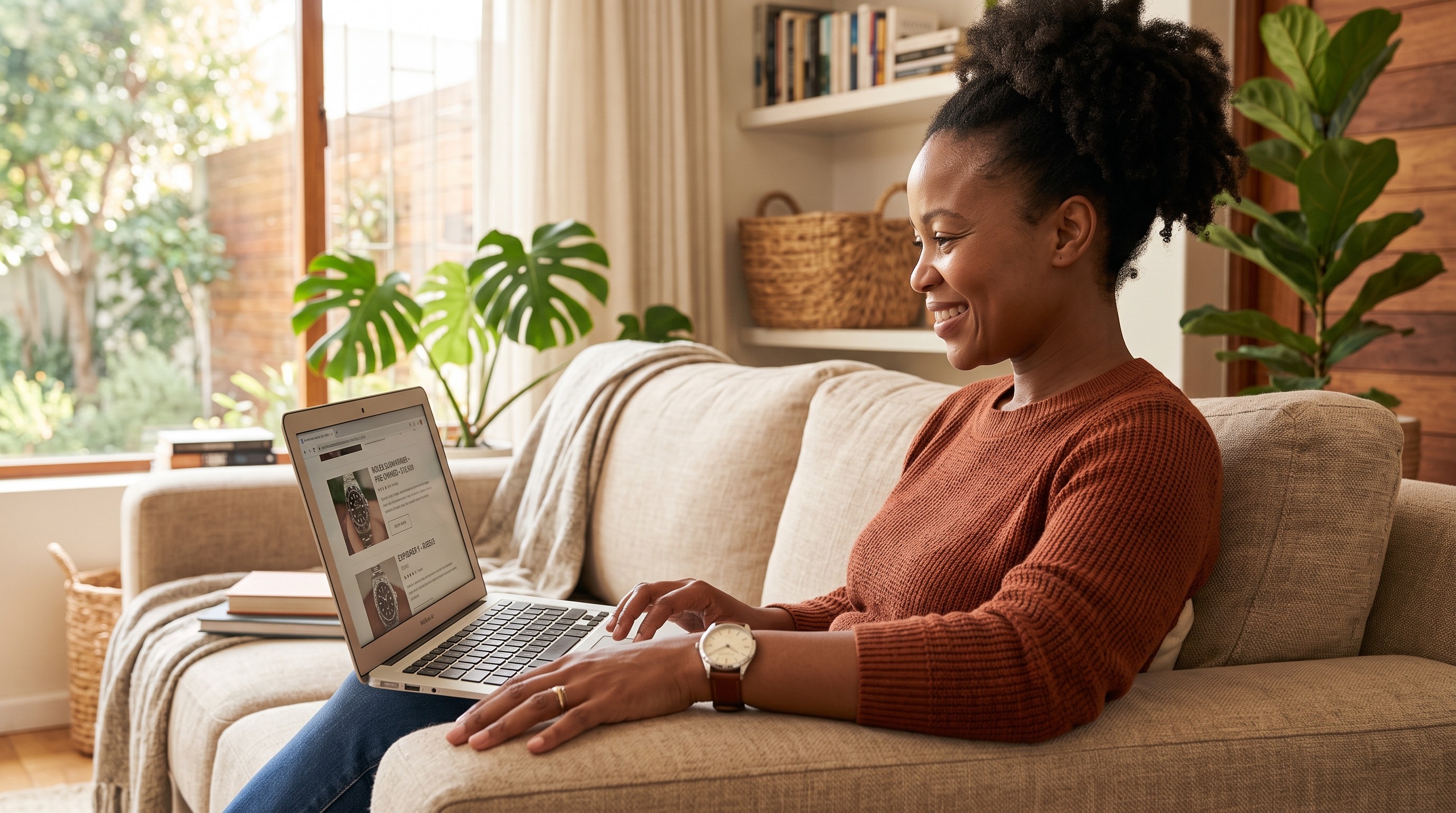 Woman in a green dress seated at a wooden coffee table with a silver MacBook, laughing with her arms outstretched, in a living room with a beige sofa, knot cushions in pink and orange, a floor lamp, and a knit throw.