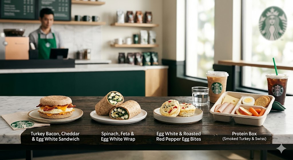 A detailed photo of various high-protein Starbucks breakfast items arranged on a counter. The spread includes a Turkey Bacon, Cheddar & Egg White Sandwich, a Spinach, Feta & Egg White Wrap, Egg White & Roasted Red Pepper Egg Bites, and a Protein Box with smoked turkey and Swiss. Two iced coffees and a glass of water are also visible with a barista in the background.
