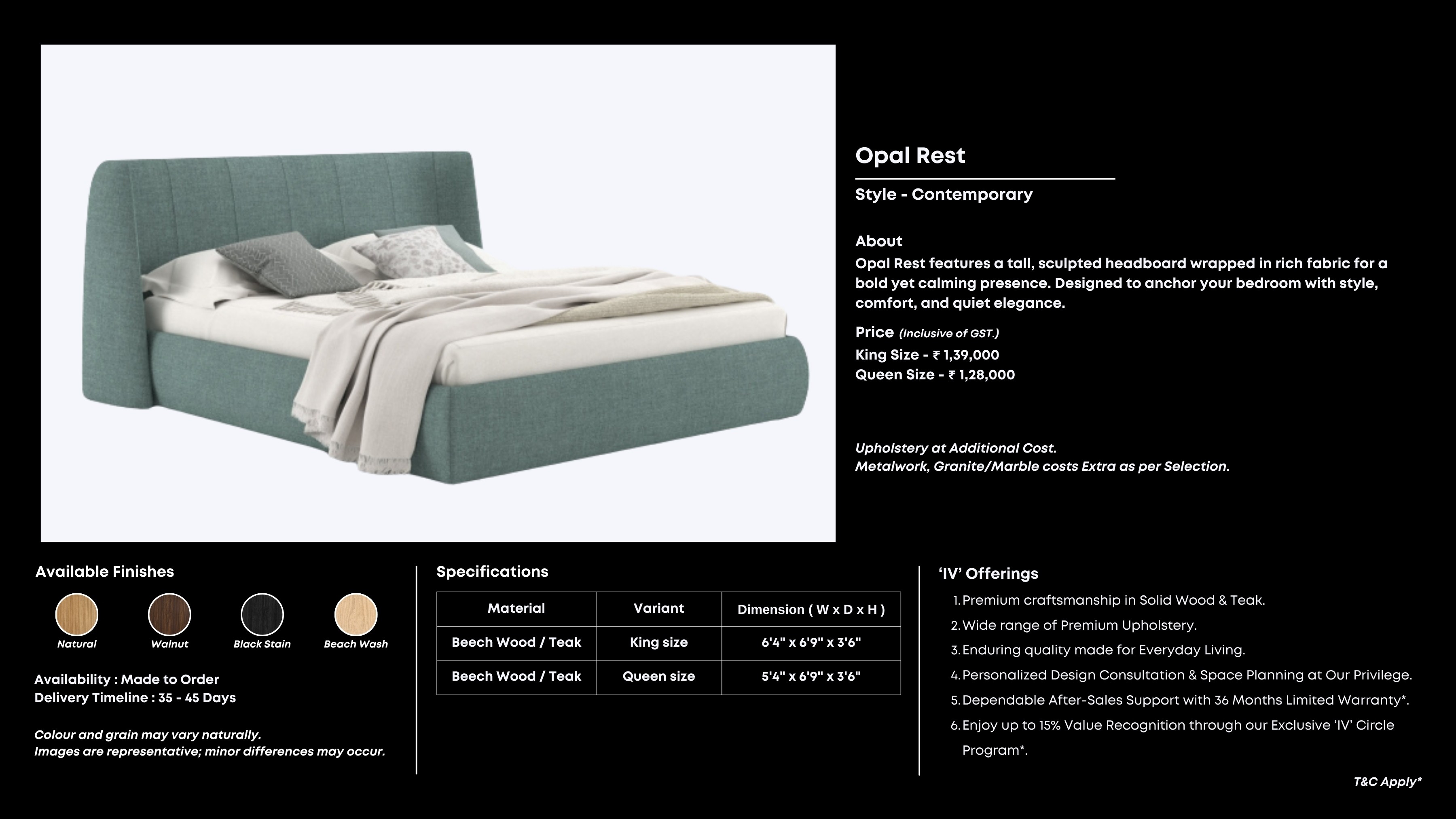 Pastel green-blue bed with tall sculpted headboard.