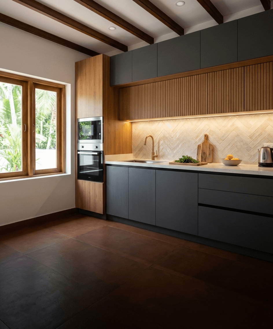 Modern kitchen with a wooden dining table, white chairs, and a hanging light fixture above.