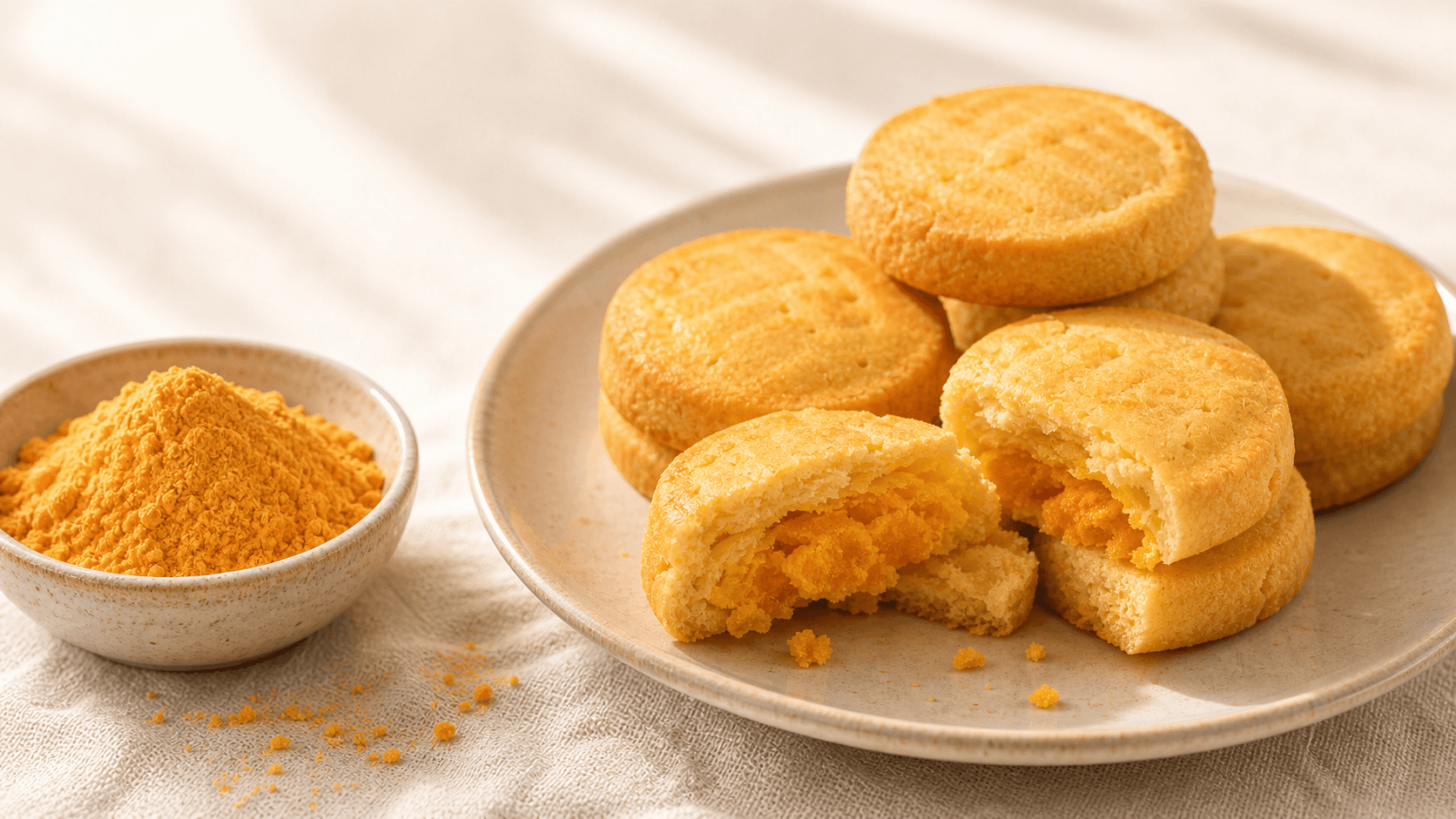 Salted egg yolk cookies made with chicken egg yolk powder, showing a golden filling beside a bowl of powder