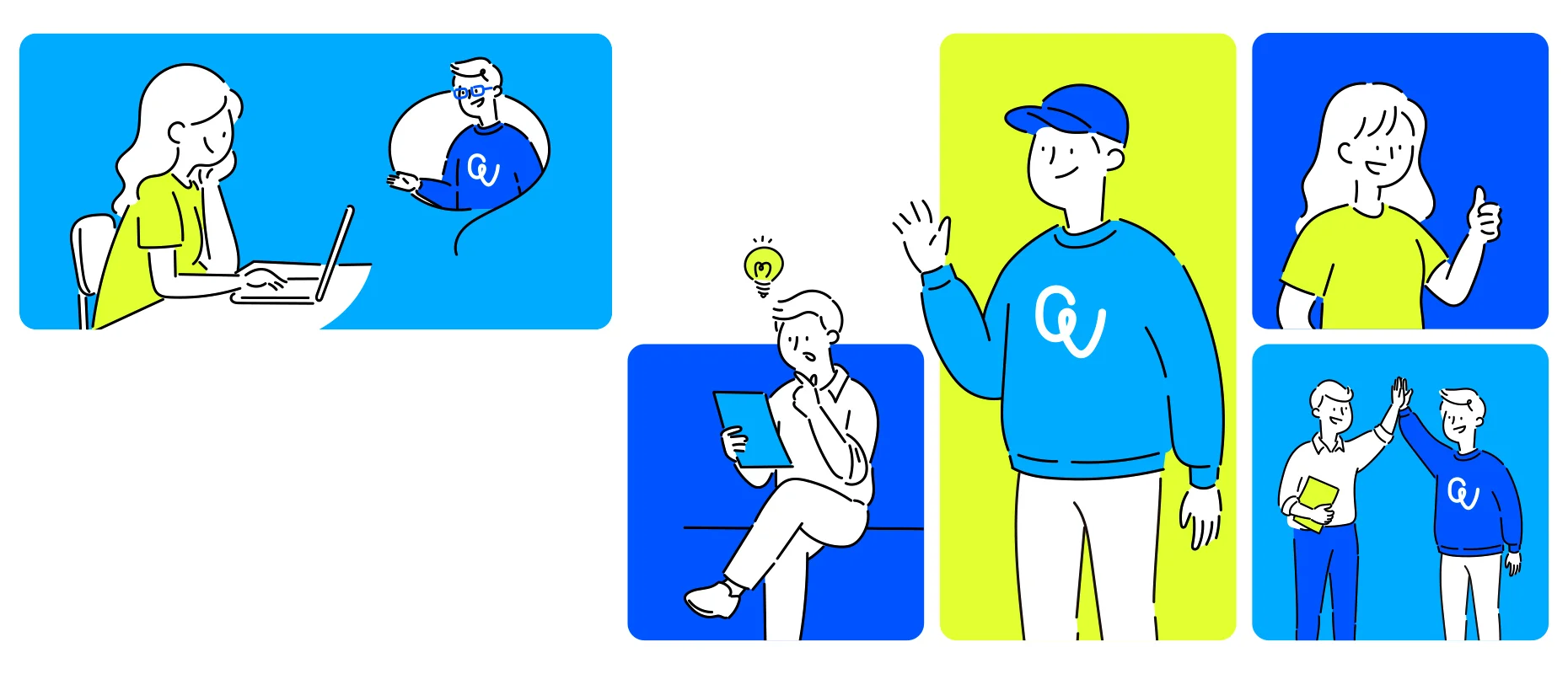 다양한 상황에서 노트북과 태블릿을 사용하는 사람들과 협업하는 모습을 표현한 일러스트