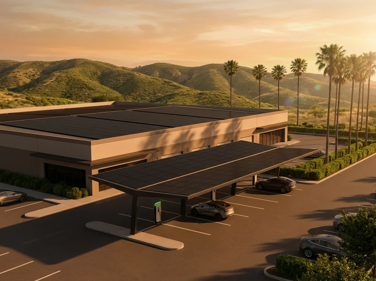 Commercial rooftop solar and a solar carport at a Southern California business park