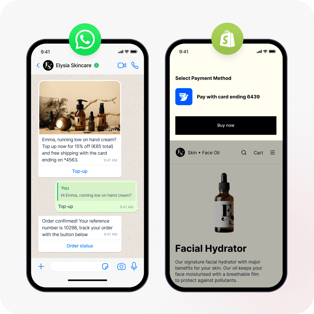 Split screen showing WhatsApp chat and one-click payment interface for skincare purchase