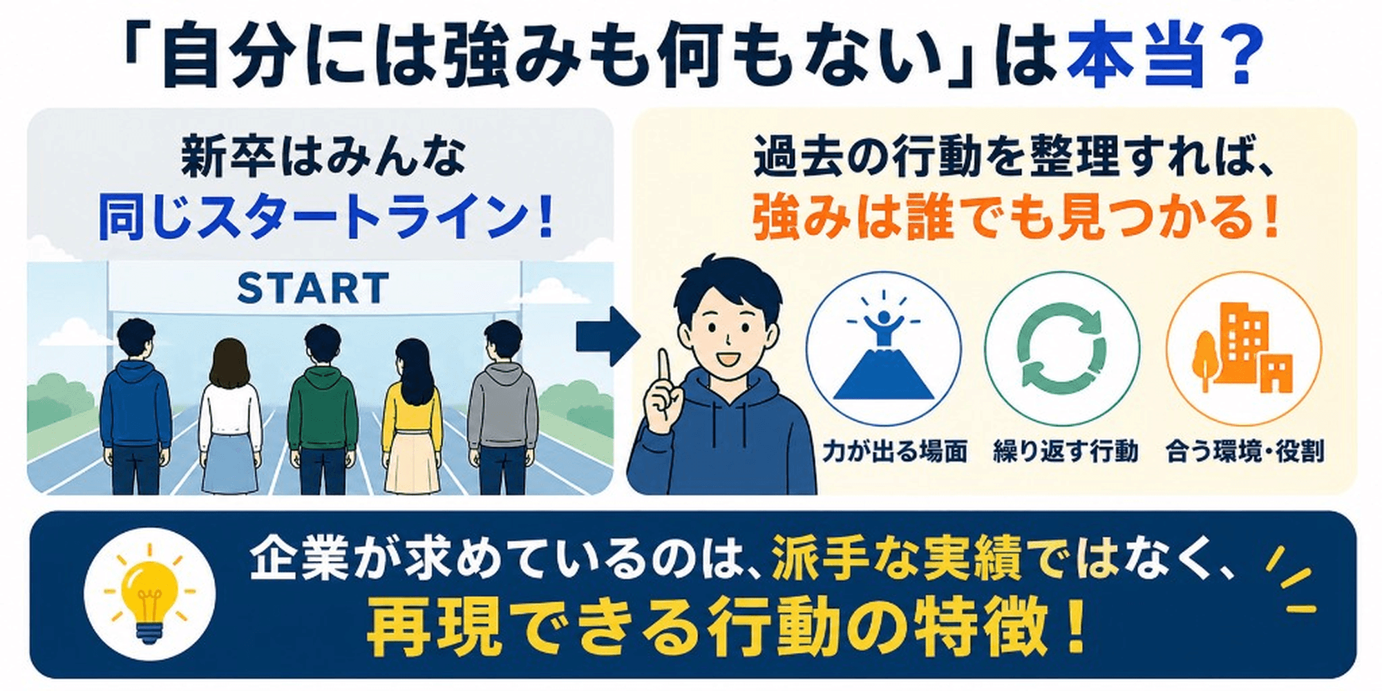 「自分には強みも何もない」は本当?新卒はみんな同じスタートライン!過去の行動を整理すれば強みは誰でも見つかる