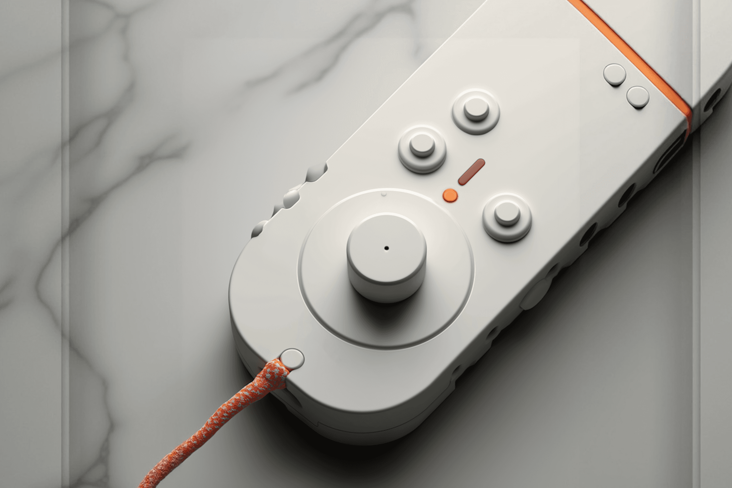Minimalist game controller with a light gray finish, orange braided cable, and sleek buttons on a marble-like background.