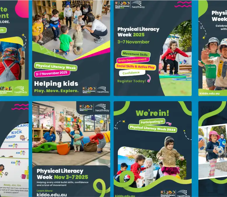 A grid of eight colorful social media tiles for "Physical Literacy Week 2025" set against a teal background. The tiles feature a mix of high-energy photography showing children playing, bold green and navy graphic shapes, and professional layouts including the KIDDO and Healthway logos.
